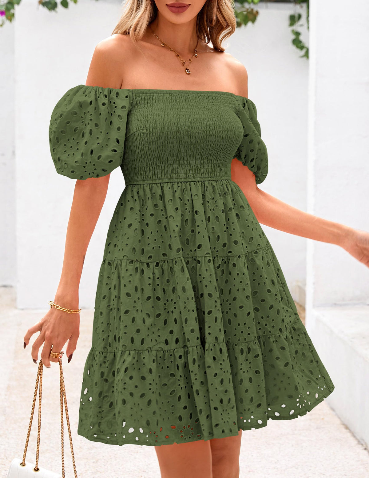 Womens Summer Puff Sleeve Mini Dress Off Shoulder Eyelet Smocked A Line Casual Babydoll Short Dresses