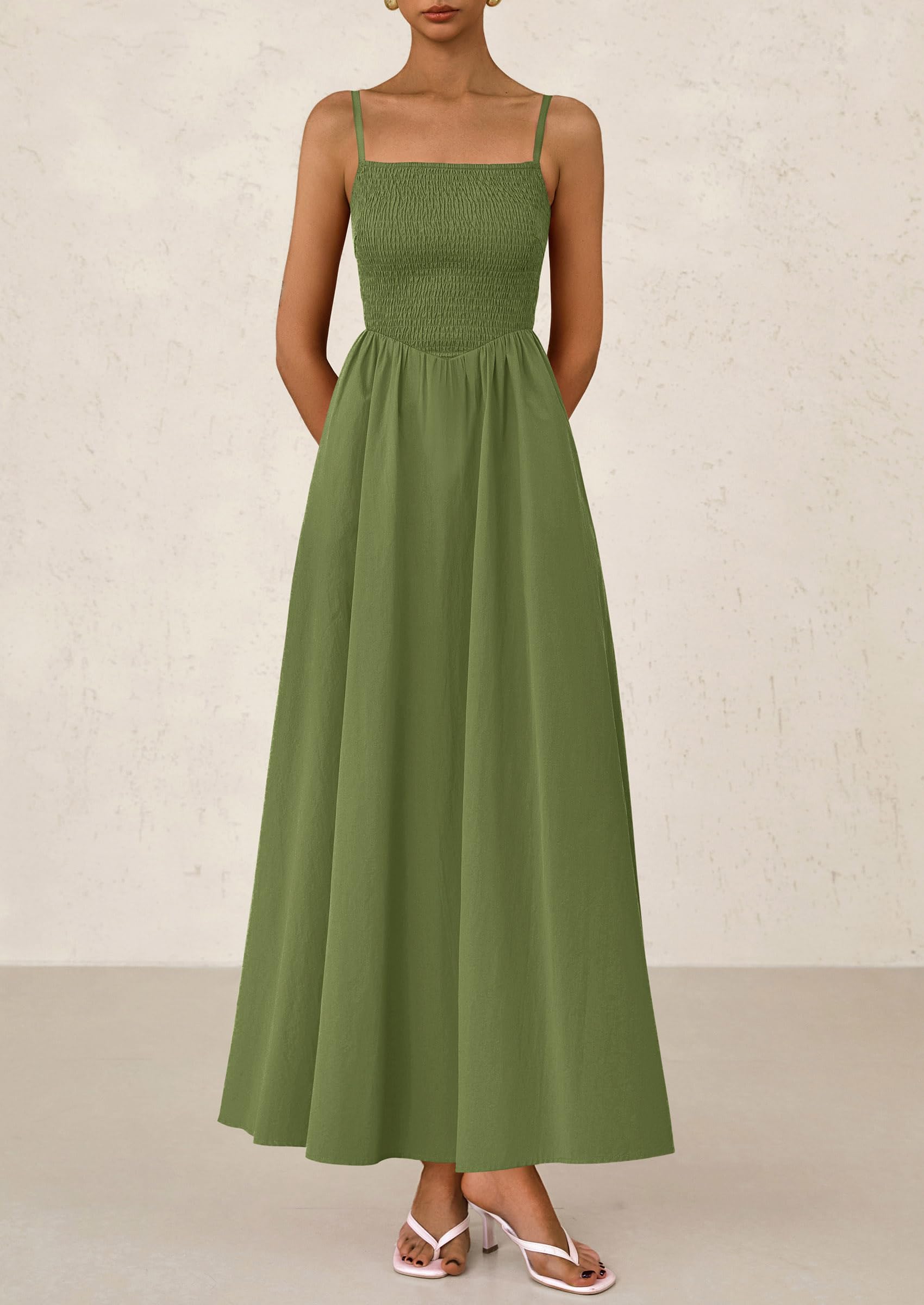 PRETTYGARDEN Women's Smocked Maxi Dresses Beach Sundress Casual Spaghetti Strap Swing A Line Long Flowy Dress