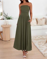 BTFBM Summer Maxi Dresses for Women Strapless Ruched Tube Top Beach Vacation Spring Wedding Guest Dress Pockets PRETTYGARDEN