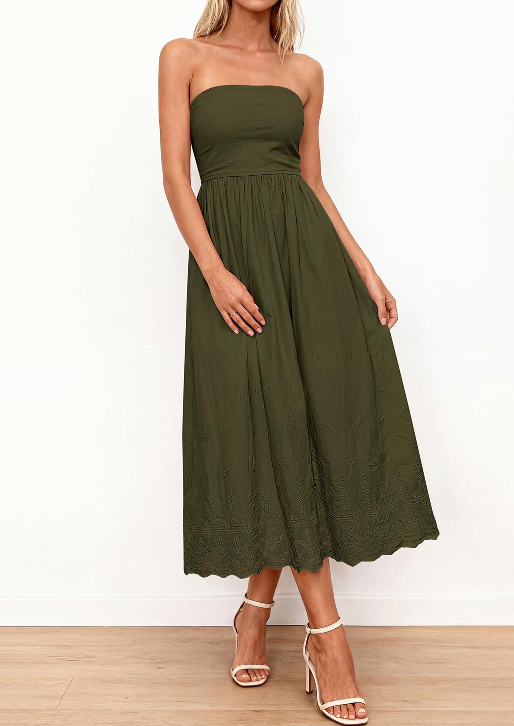 PRETTYGARDEN Womens Summer Dresses Sexy Sleeveless Tube Top Long Dress Eyelet Cotton Maxi Beach Sundress Pockets