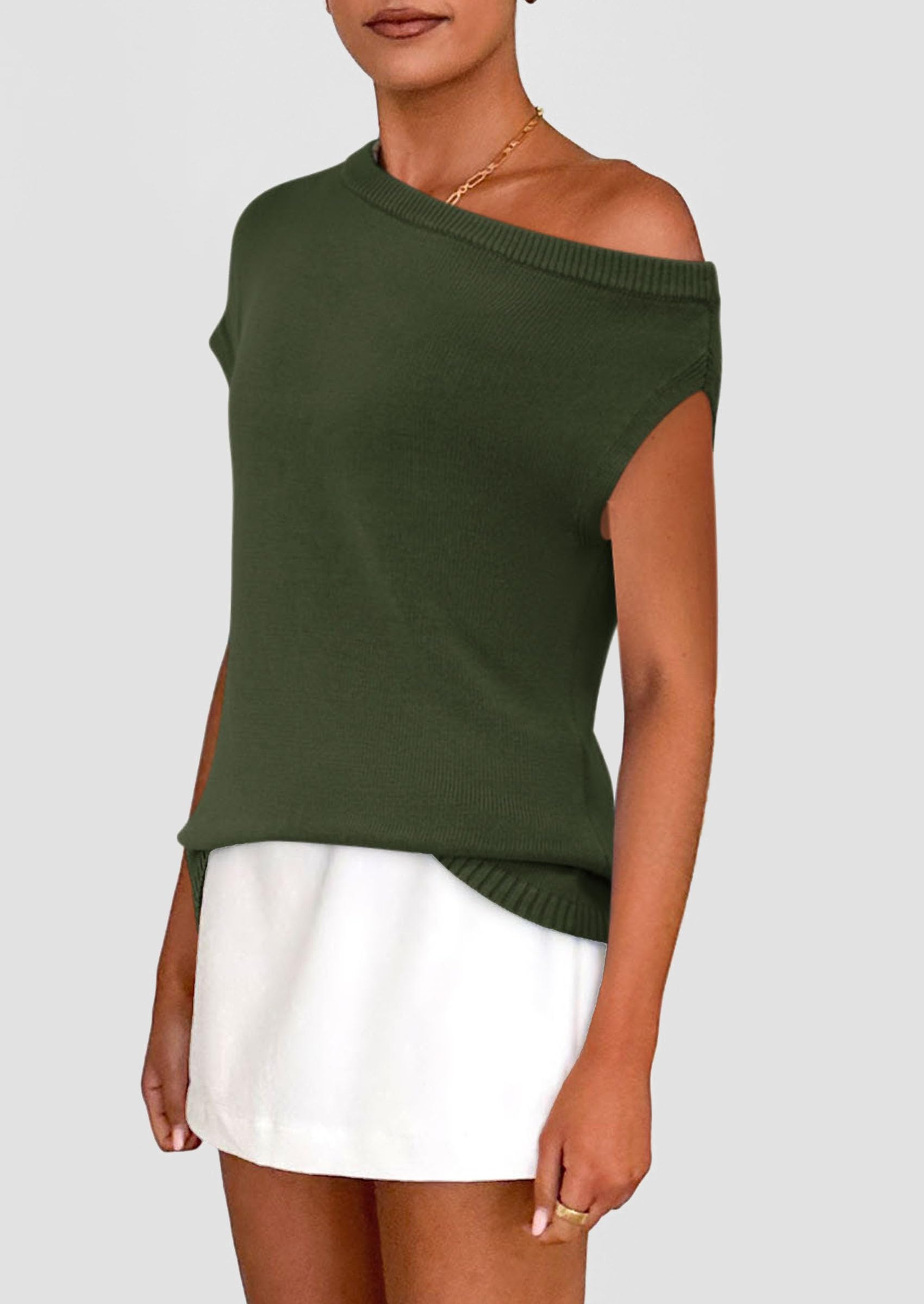 PRETTYGARDEN Womens Off The Shoulder Tops Summer Casual Short Sleeve Tunic T Shirts Lightweight Knit Sweaters