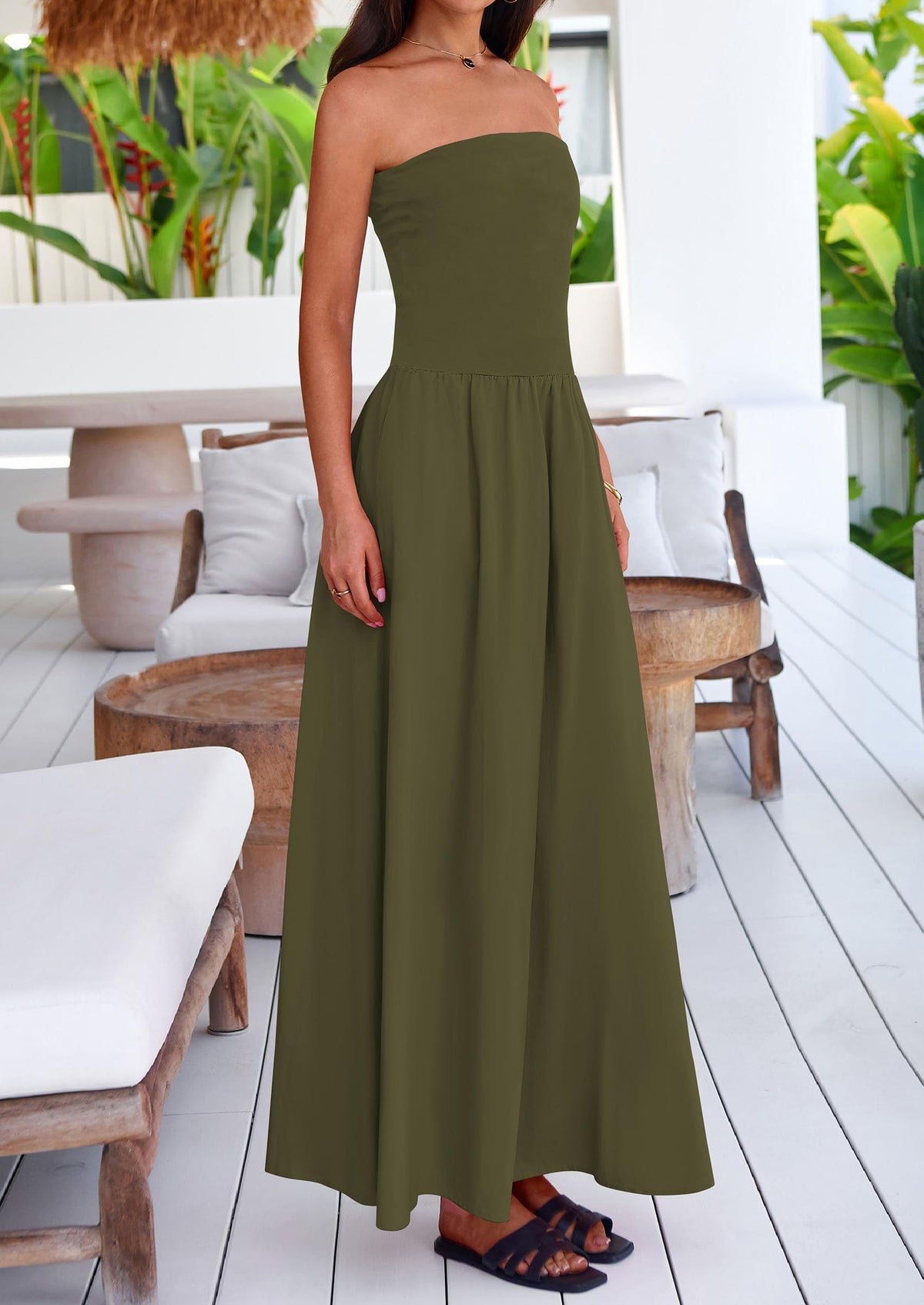 Women's 2025 Summer Strapless Maxi Dresses Patchwork Long Flowy Elegant Going Out Tube Top Dress with Pockets