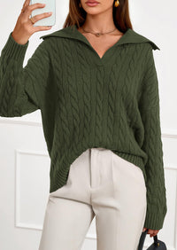 PRETTYGARDEN Fall Cable Knit Oversized Sweaters for Women Polo V Neck Long Sleeve Casual Chunky Sweater Pullover Tops PRETTYGARDEN