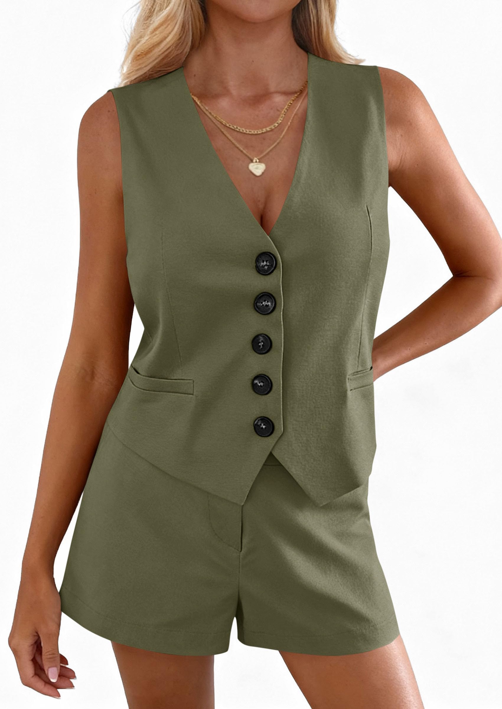 PRETTYGARDEN 2 Piece Sets for Women Spring Fashion Button Vest Tops High Waist Shorts Summer Business Casual Outfits PRETTYGARDEN