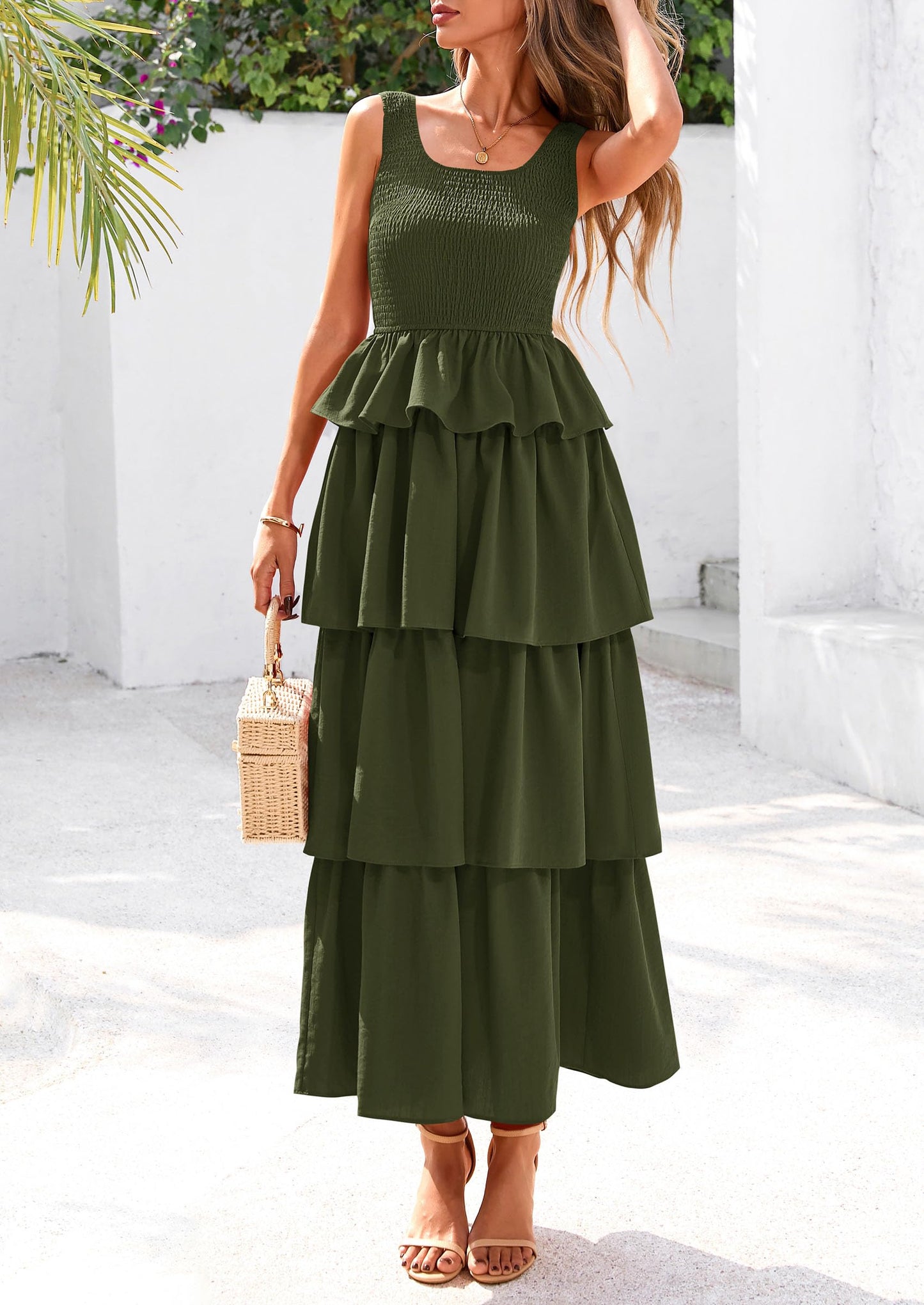 Womens Summer Sleeveless Midi Dress Scoop Neck Tank Top Smocked A Line Tiered Layered Beach Flowy Long Dresses