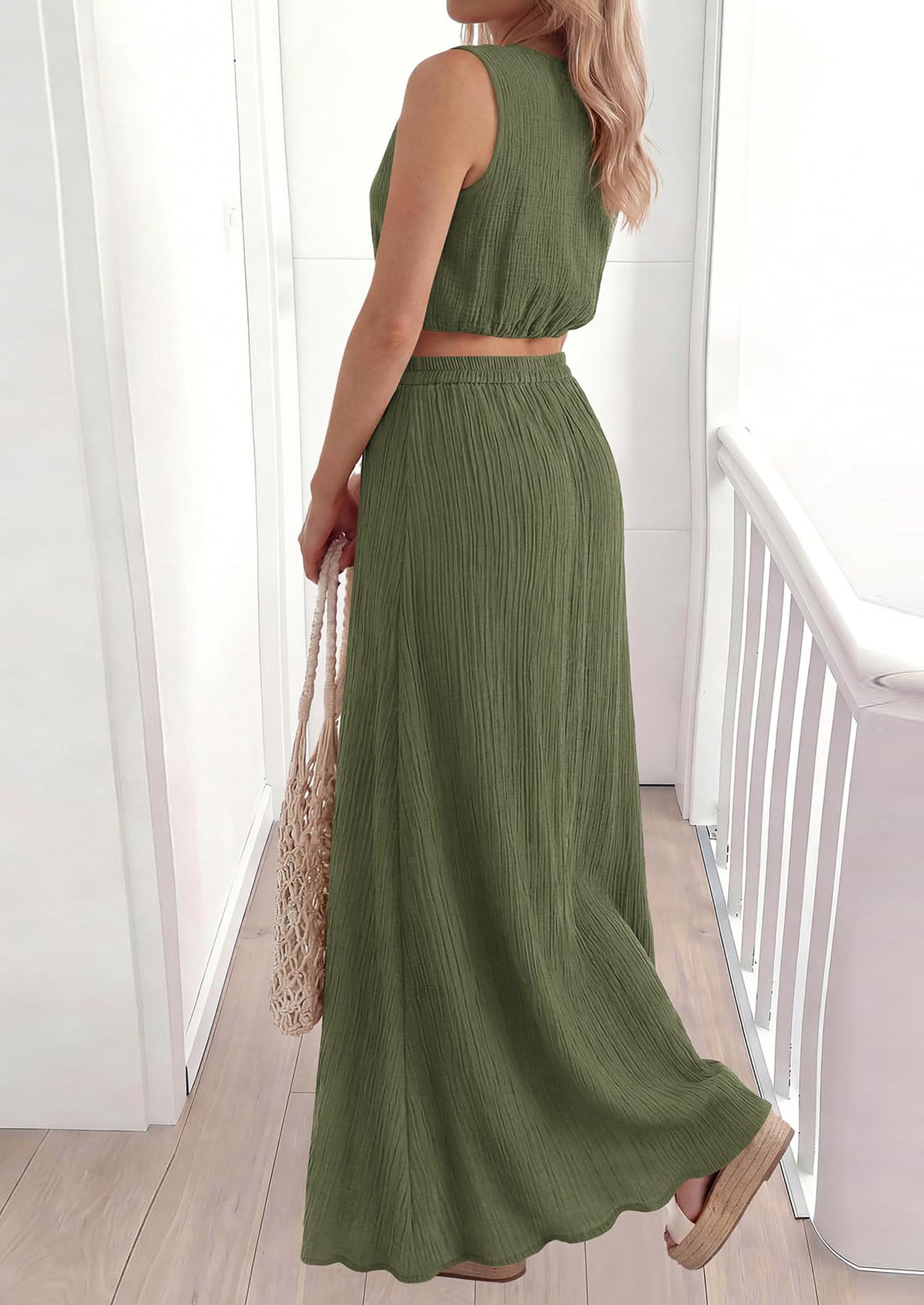 PRETTYGARDEN 2 Piece Sets for Women Summer Outfits Fashion Cotton Sleeveless Crop Top Long Maxi Skirt Set with Pockets