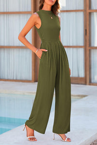 Sleeveless Mock Neck Wide Leg Jumpsuits With Pockets