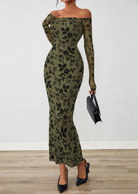 PRETTYGARDEN Womens Off The Shoulder Floral Maxi Bodycon Dress Fall Long Sleeve Mesh Fitted Long Formal Wedding Guest Dresses PRETTYGARDEN