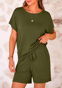 PRETTYGARDEN Two Piece Set for Women Summer Lounge Sets Shorts And Short Sleeve Tops Knitted Matching Travel Spring Outfits PRETTYGARDEN
