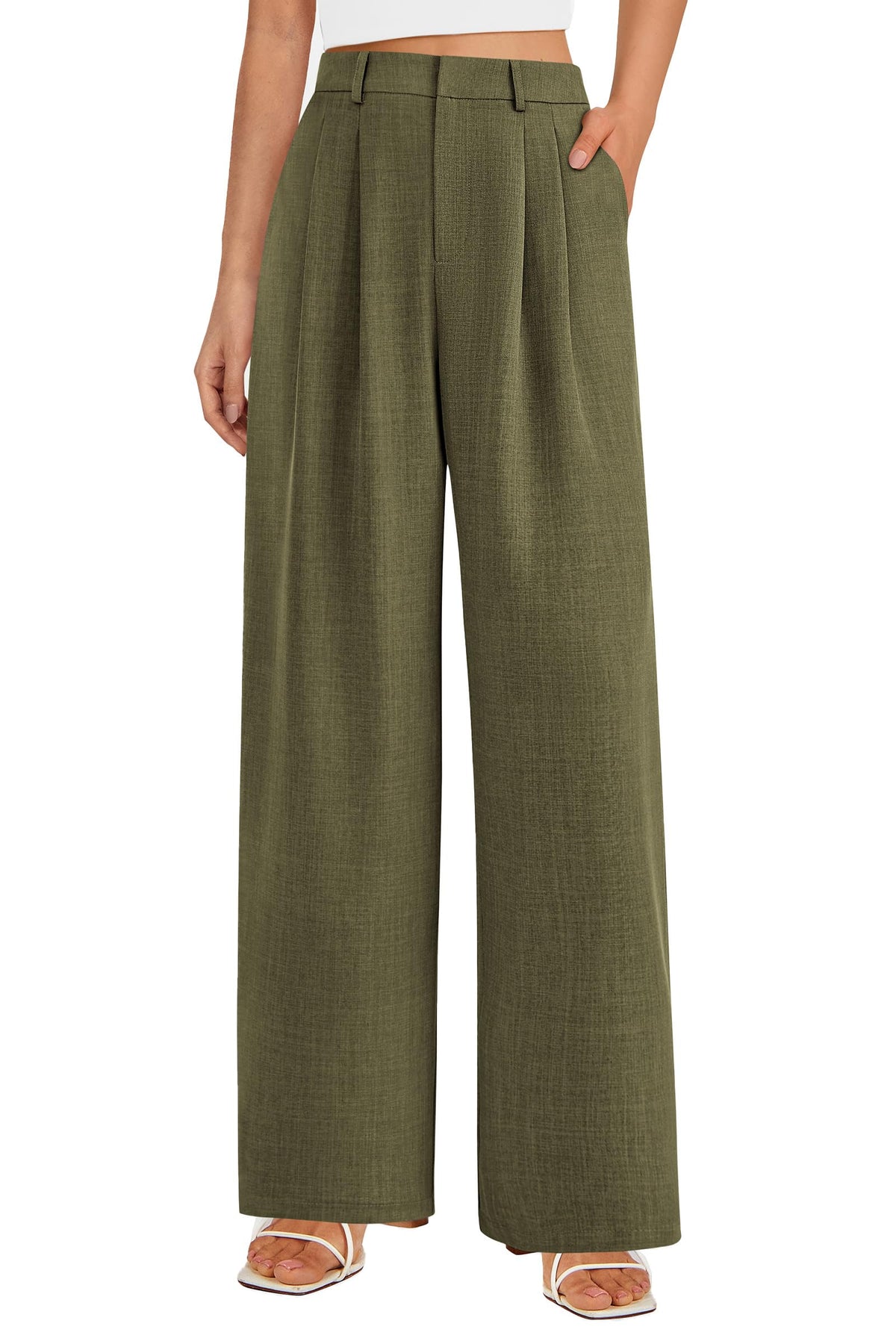 Elastic High Waisted Straight Leg Business Trousers Slacks With Pockets