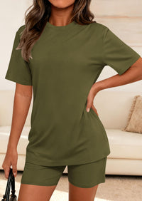 PRETTYGARDEN Women's Two Piece Matching Lounge Sets Summer Casual Tops Short Sleeve Shirts Shorts Travel Airport Outfits PRETTYGARDEN