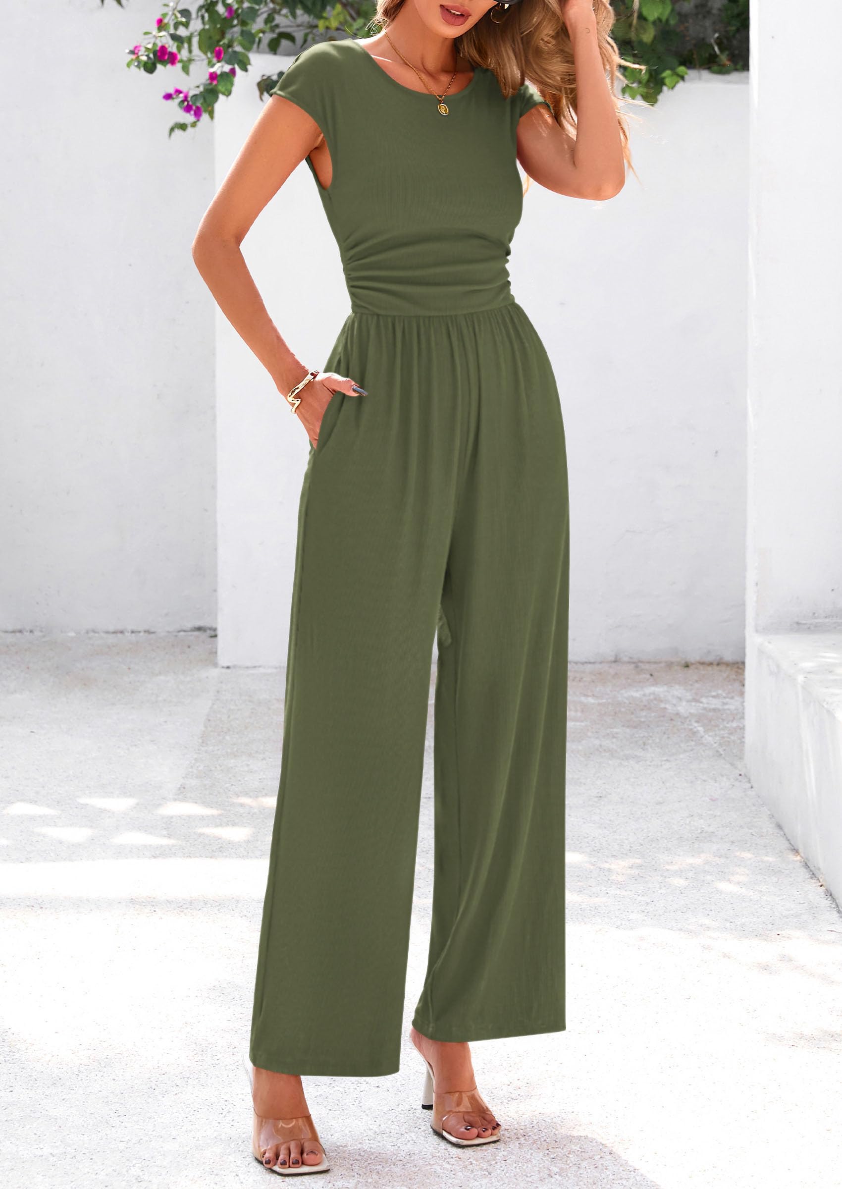 PRETTYGARDEN Summer Jumpsuits Ribbed Cap Sleeve Wide Leg Pants Women's Rompers Elegant Casual Trendy Vacation Outfits