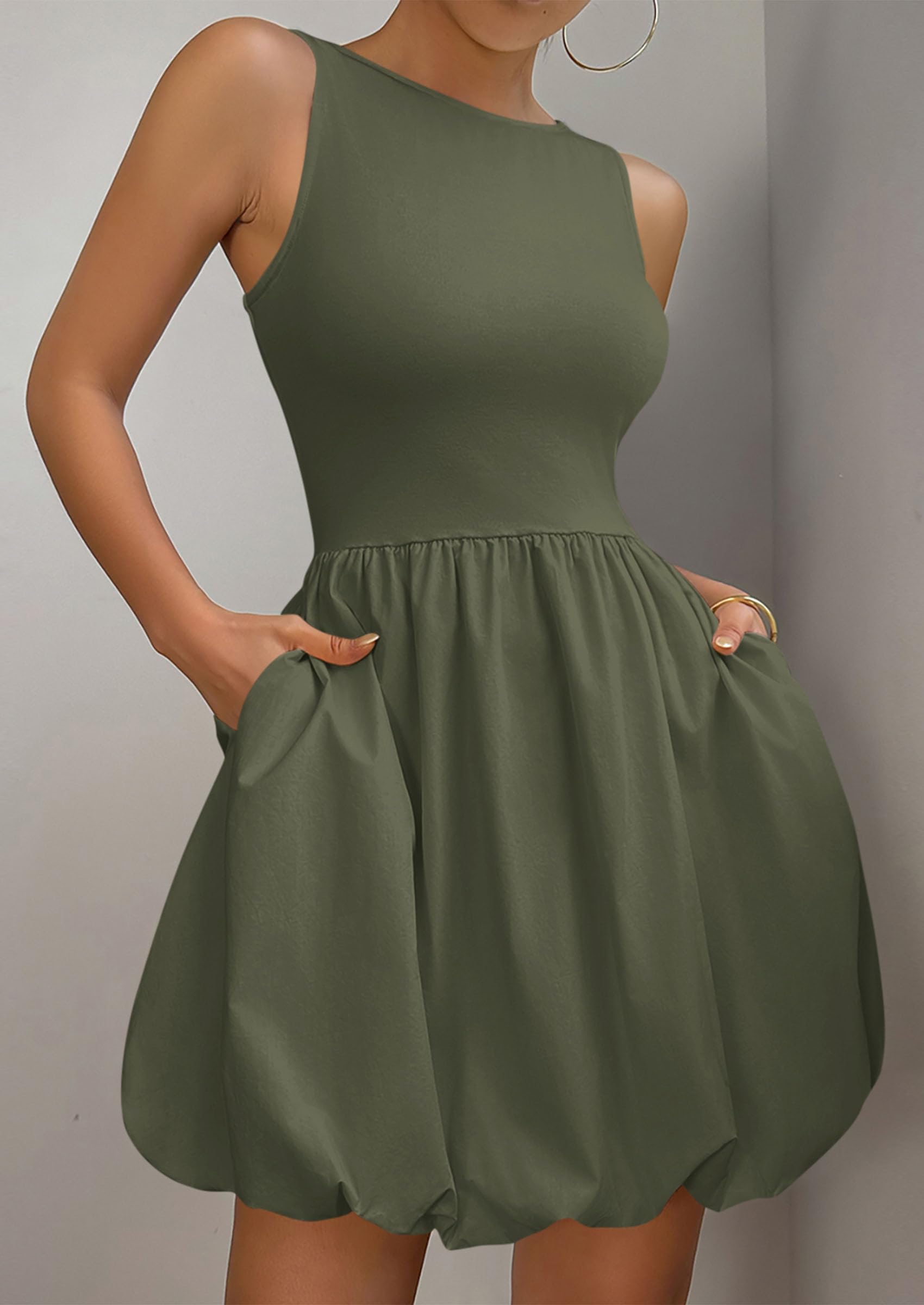 PRETTYGARDEN Summer Dresses for Women Casual Sleeveless Tank Mini Short Dress Crew Neck Bubble Sundress with Pockets