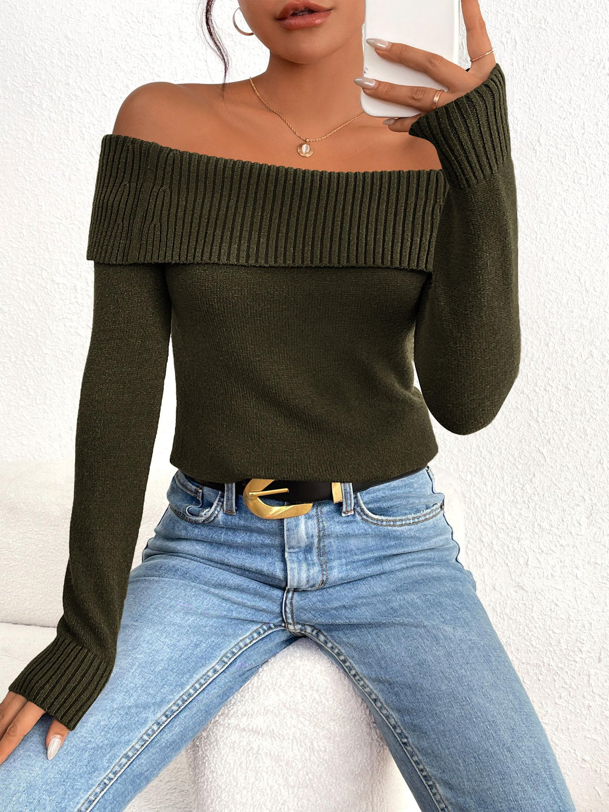 Fall Off Shoulder Sweaters Y2K Long Sleeve Ribbed Knit Fitted Pullover Tops Blouse