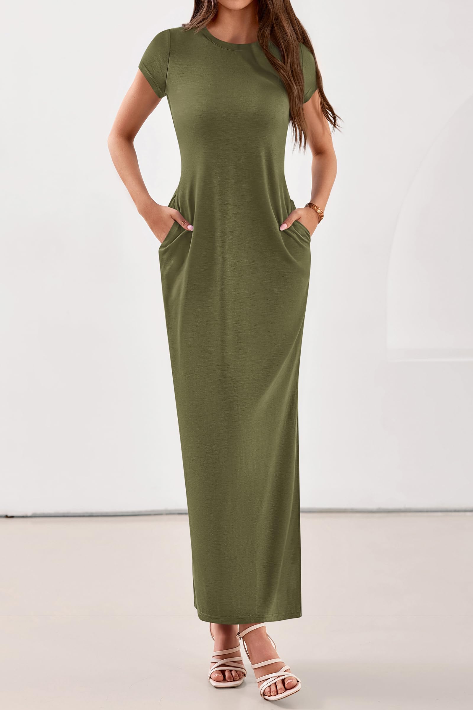 PRETTYGARDEN Womens Summer Maxi Dresses Casual Short Sleeve Crewneck Knit Slit T Shirt Dress Spring Long Beach Sundress PRETTYGARDEN