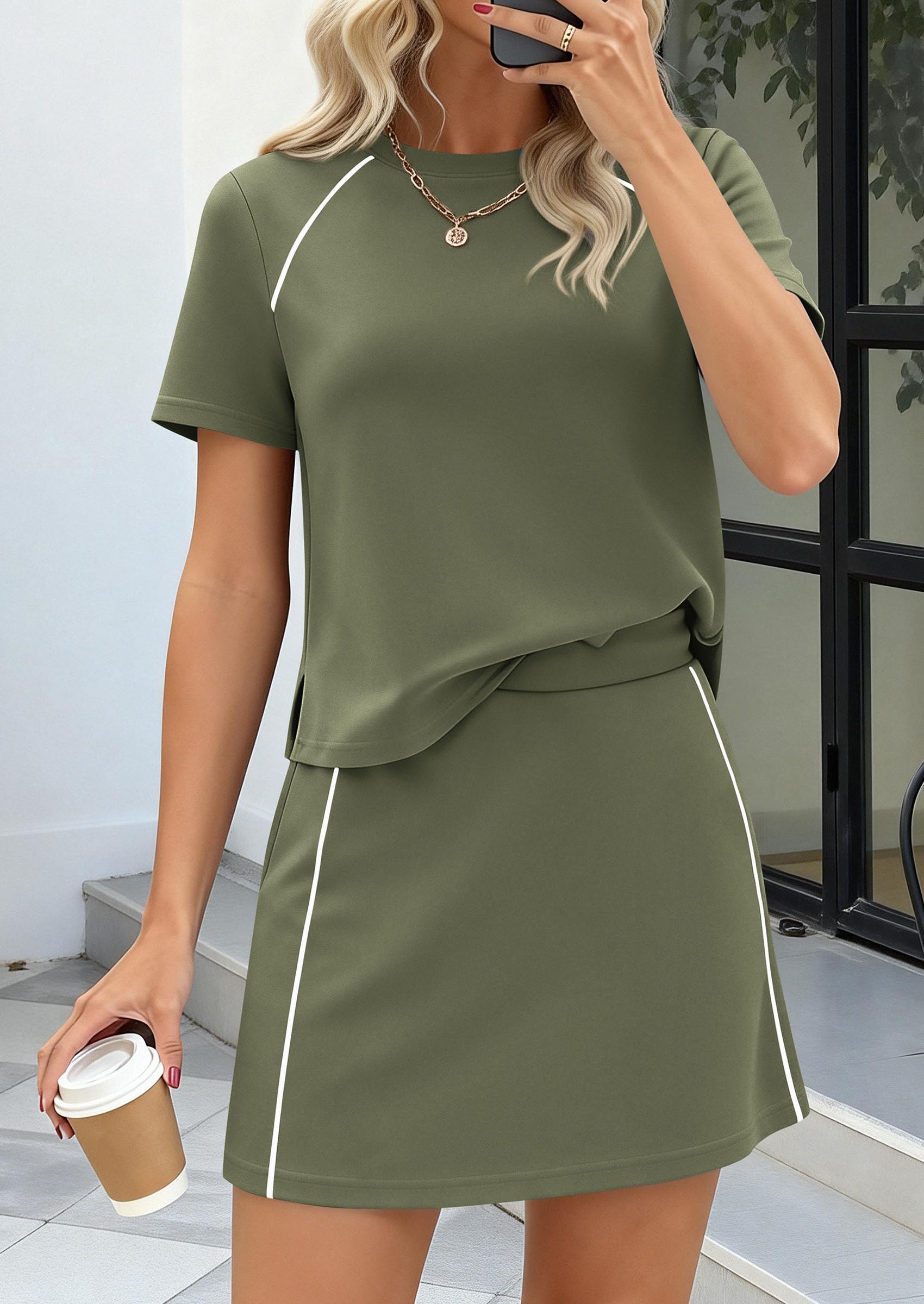 PRETTYGARDEN Women's Summer 2 Piece Skirt Sets Short Sleeve Shirts Tops Skorts Matching Workout Clothes Travel Outfits PRETTYGARDEN