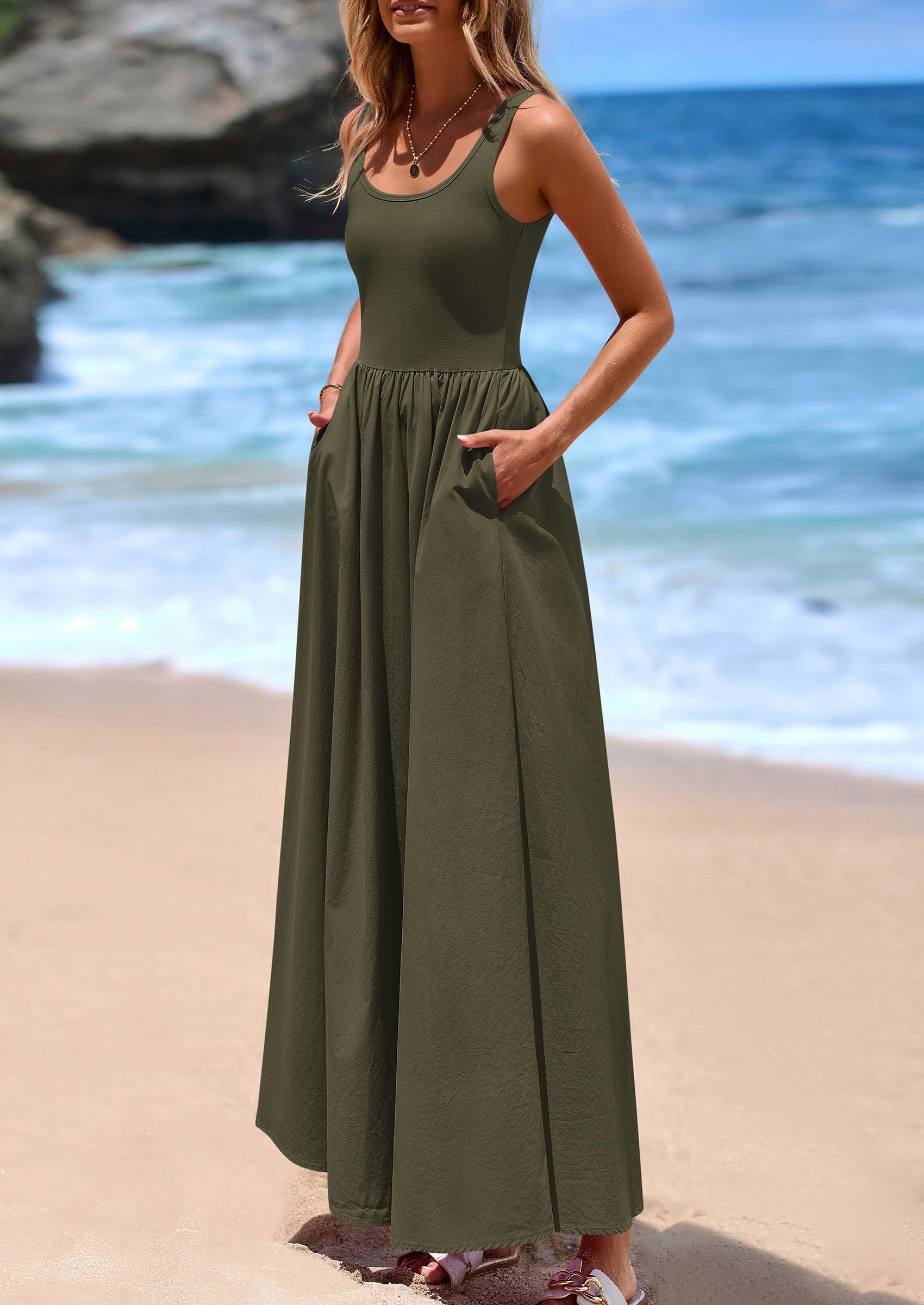 PRETTYGARDEN Womens Summer Casual Scoop Neck Sleeveless Long Dresses Tank Top Patchwork Aline Swing Maxi Dress with Pockets