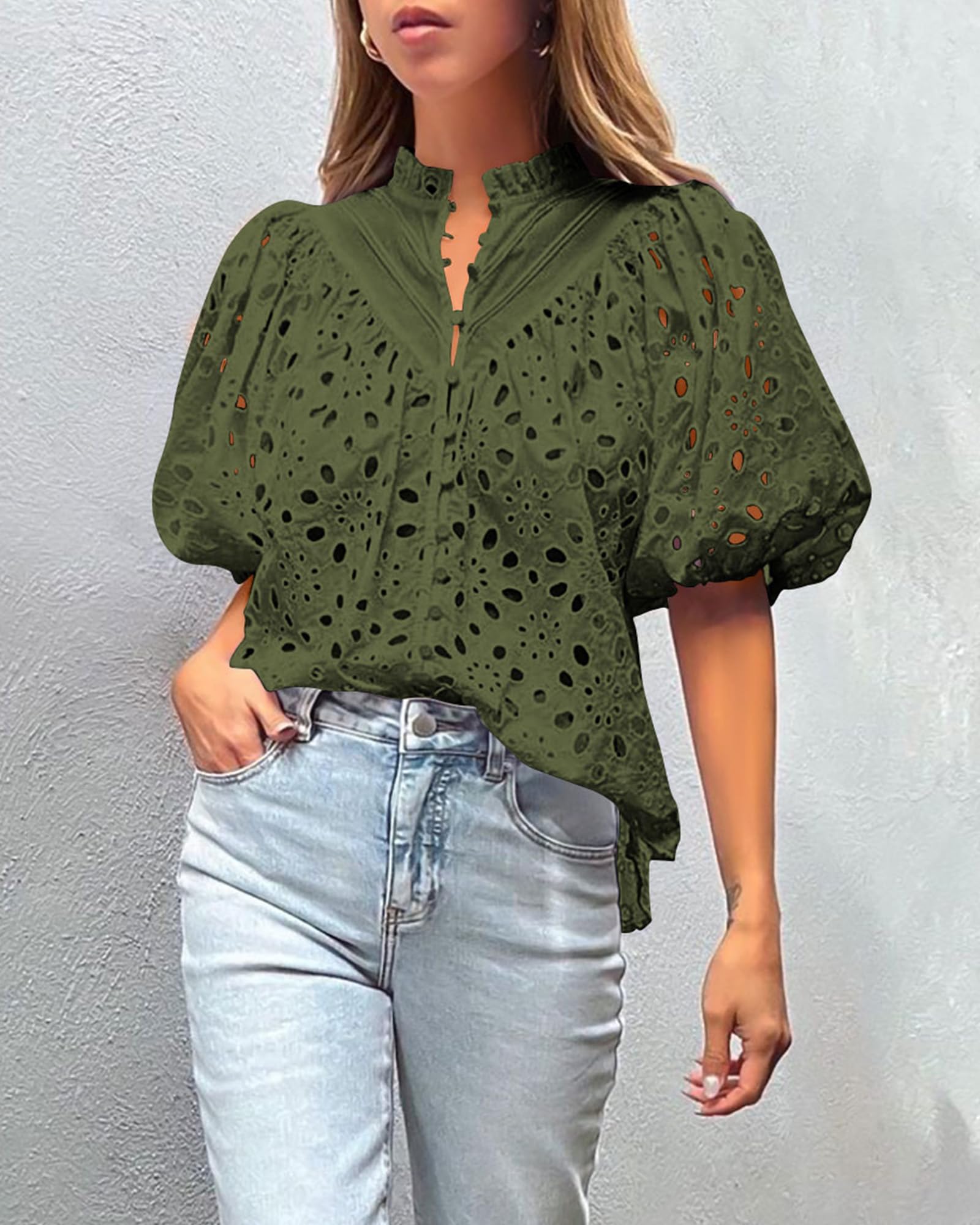 PRETTYGARDEN Women's Summer Short Sleeve Tops Dressy Casual Buttons V Neck Hollow Out Lace Embroidered Blouses Shirts