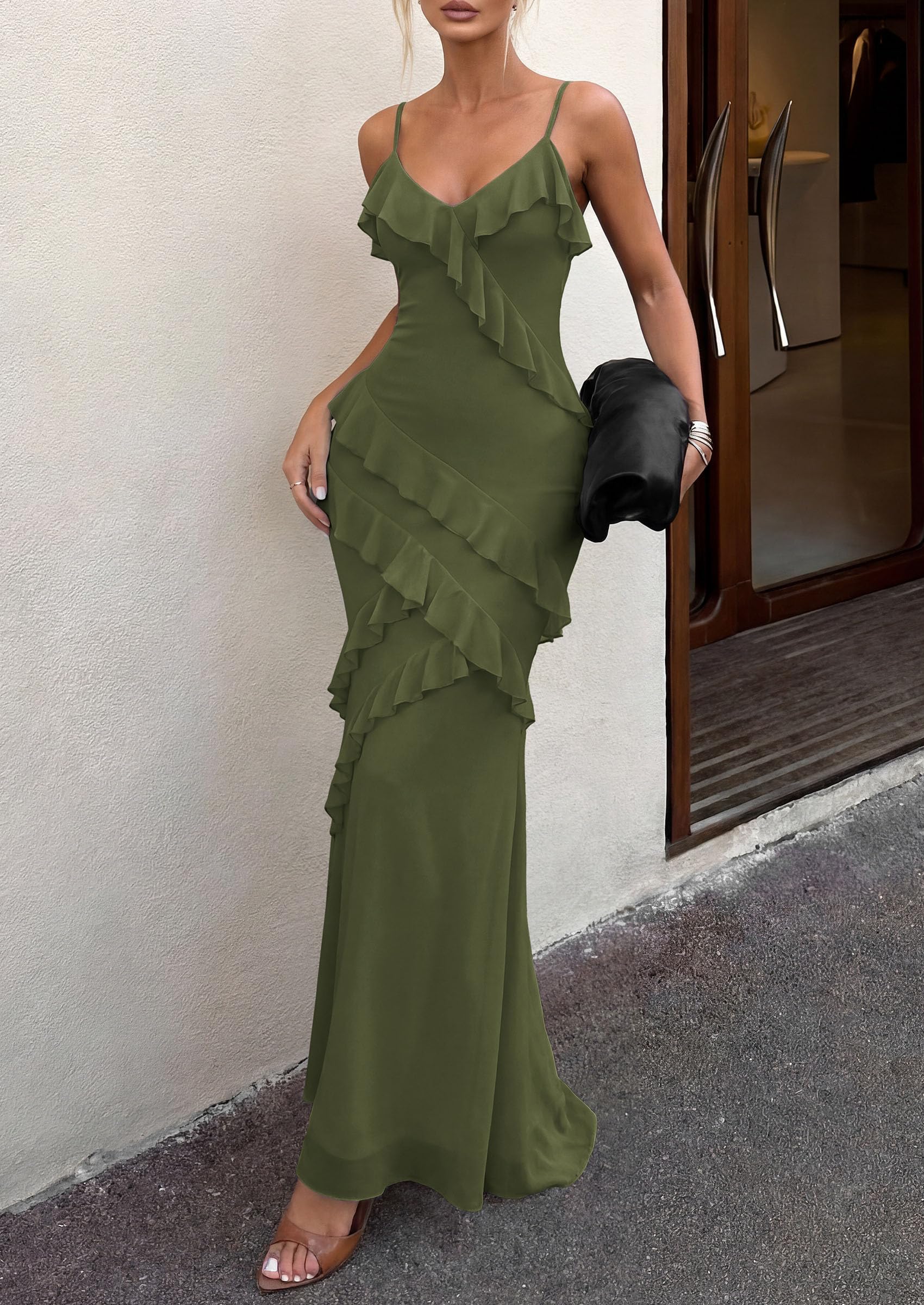 PRETTYGARDEN Women Wedding Guest Cocktail Maxi Dress Spaghetti Strap Sleeveless V Neck Bodycon Mesh Party Summer Outfits