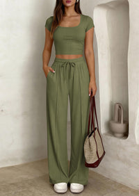 PRETTYGARDEN Women's 2 Piece Matching Lounge Sets Ribbed Short Sleeve Crop Tops Wide Leg Pants Summer Airport Outfits PRETTYGARDEN