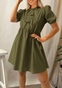 Womens Summer Casual Short Sleeve Dresses A Line Bow Tie Front Babydoll Loose Cute Mini Dress with Pockets