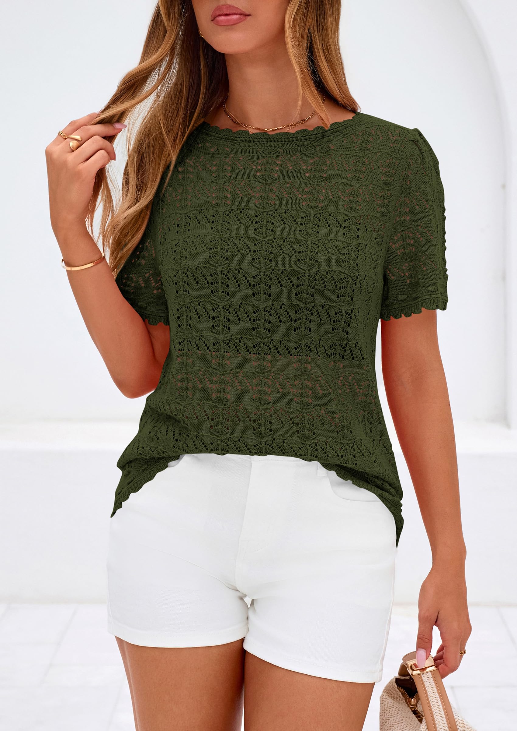 PRETTYGARDEN Women's Short Sleeve Sweater Trendy Crochet Summer Tops Casual Hollow Out Shirts Beach Vacation Clothes PRETTYGARDEN