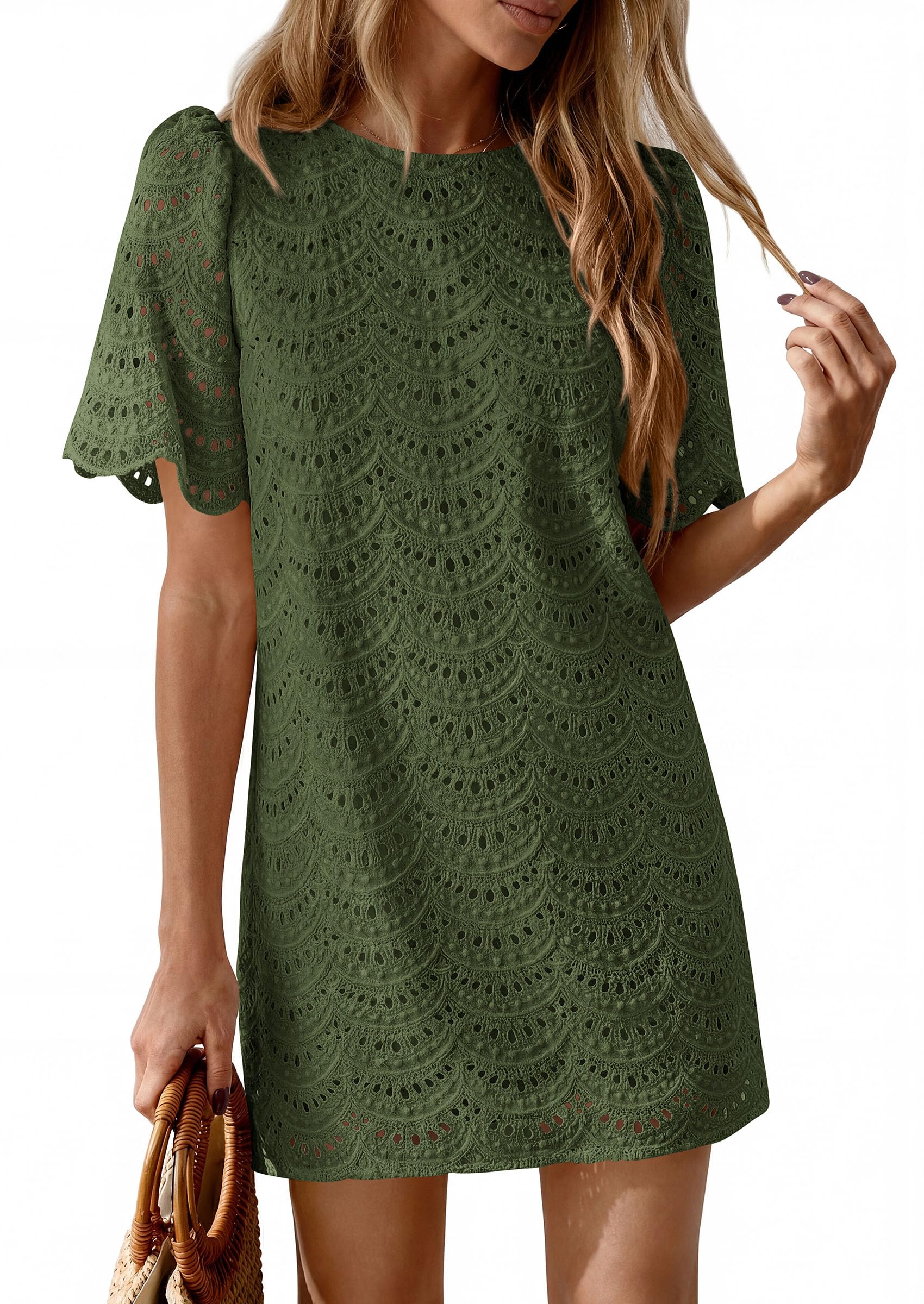 PRETTYGARDEN Women's Summer Casual Short Dresses Embroidered Lace Short Sleeve Boho Mini Dress Beach Vacation Clothes PRETTYGARDEN