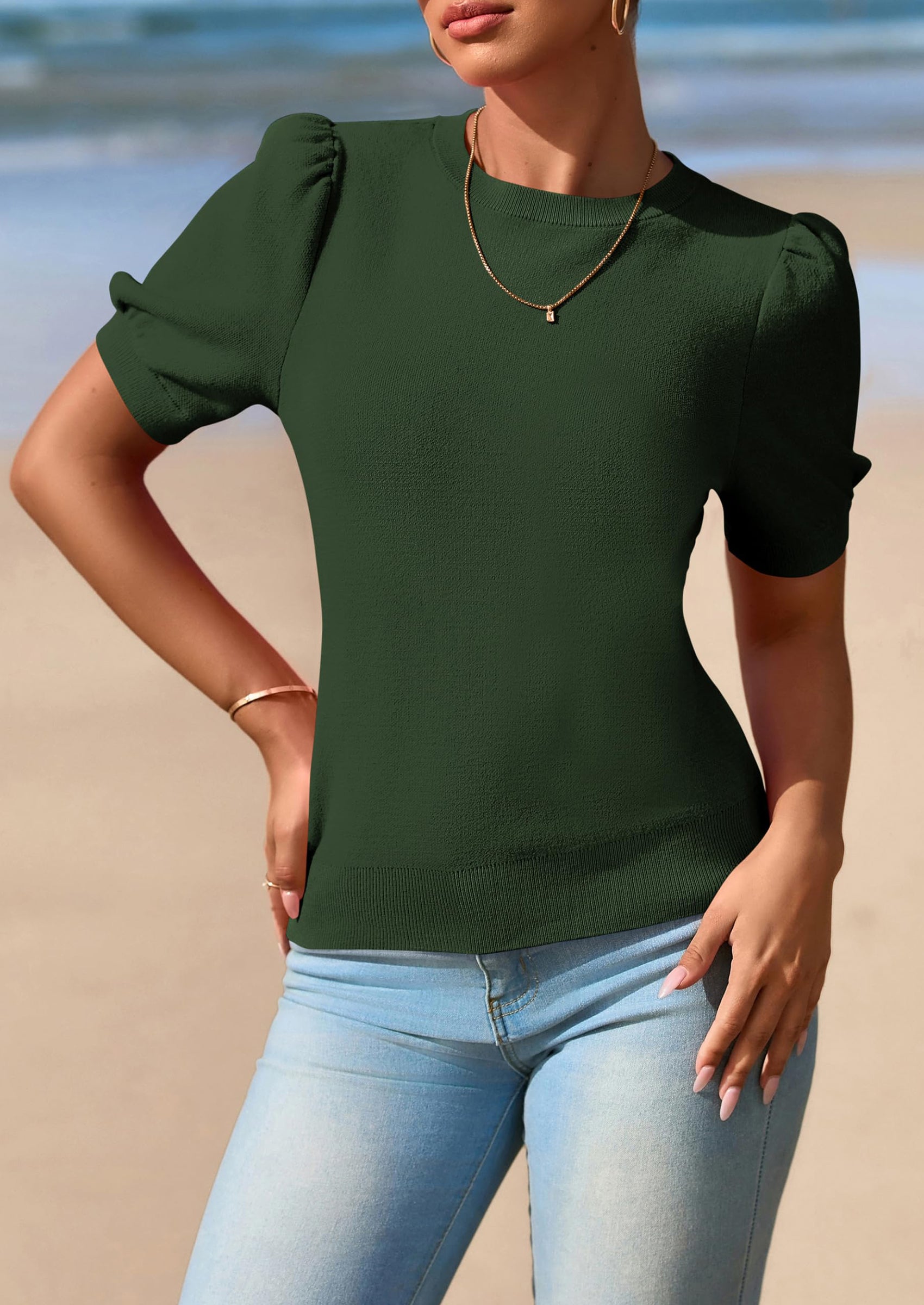 PRETTYGARDEN Womens Tops Spring Summer Puff Short Sleeve Sweater Crewneck Knit Work Blouses Dressy Casual Trendy Shirts PRETTYGARDEN