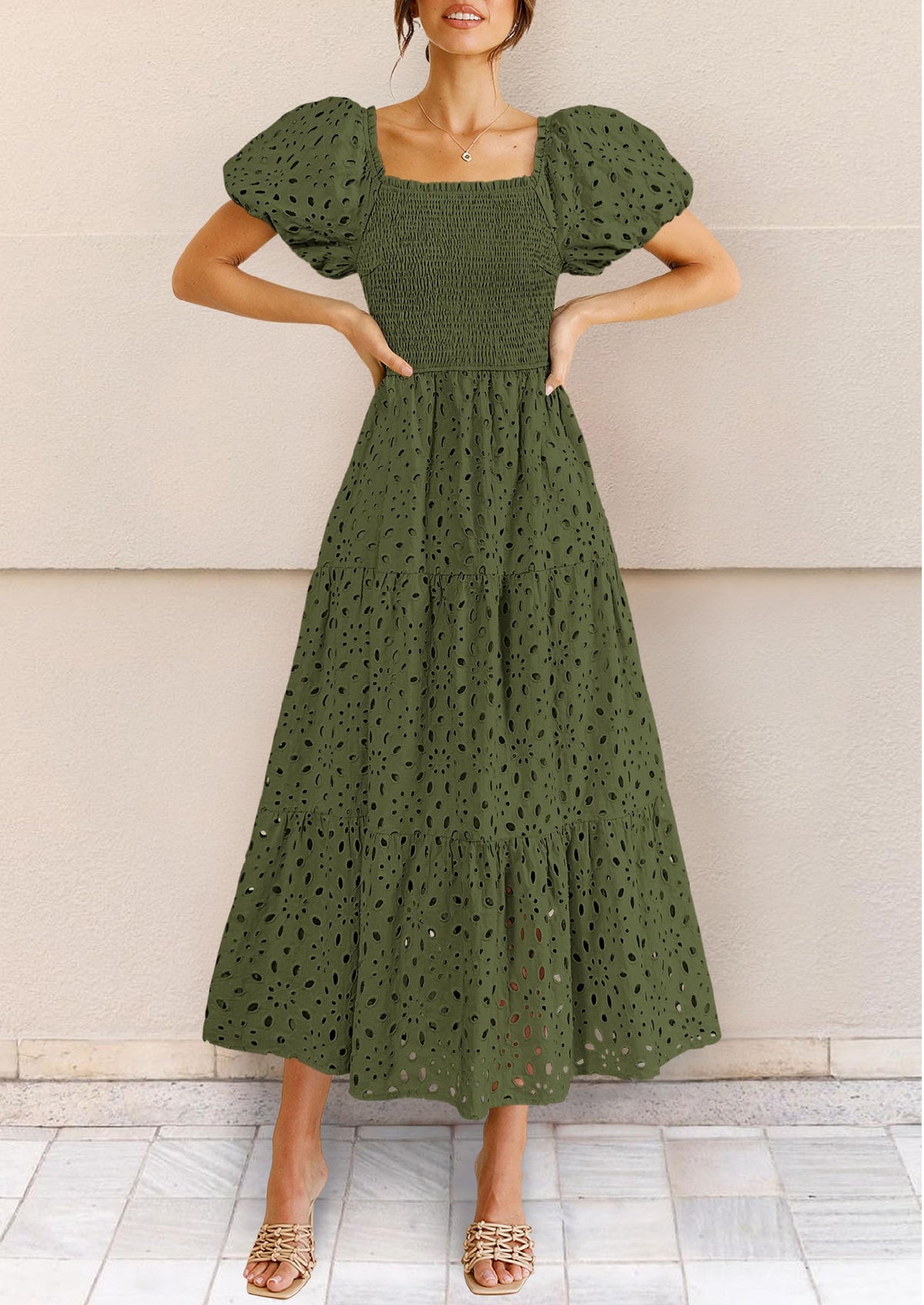 Summer Dresses for Women 2025 Eyelet Square Neck Puff Sleeve Smocked Wedding Guest Maxi Dress with Pockets