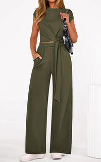 PRETTYGARDEN 2 Piece Matching Lounge Sets For Women Summer Short Sleeve Tie Front Crop Tops Casual Wide Leg Pants Tracksuit PRETTYGARDEN