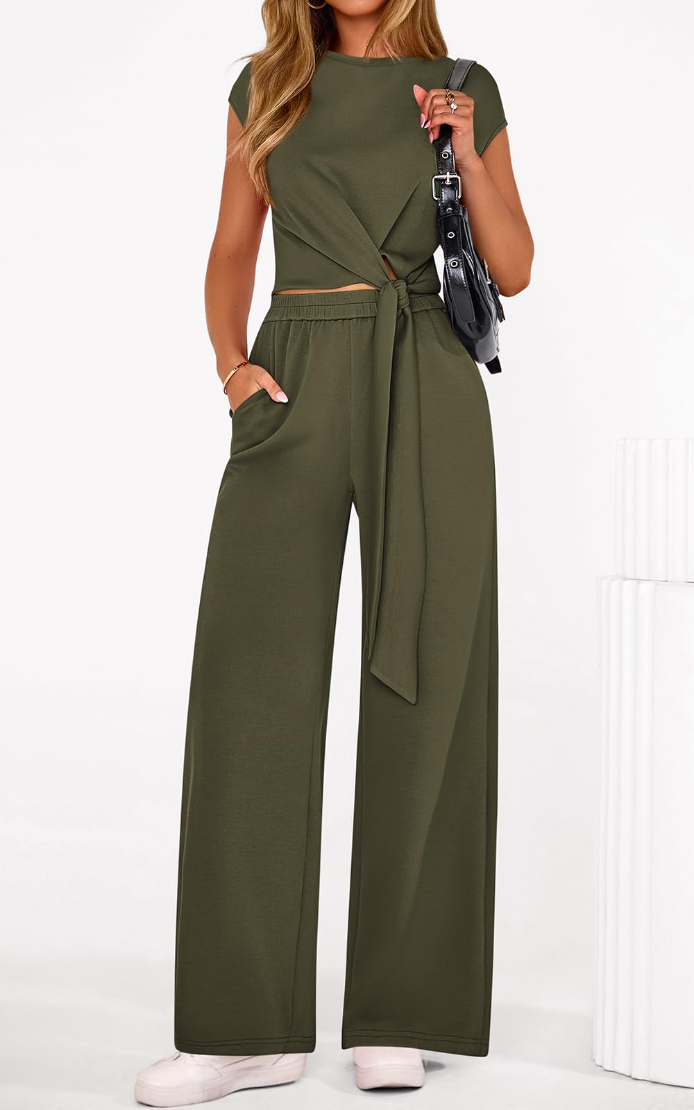 PRETTYGARDEN 2 Piece Matching Lounge Sets For Women Summer Short Sleeve Tie Front Crop Tops Casual Wide Leg Pants Tracksuit PRETTYGARDEN