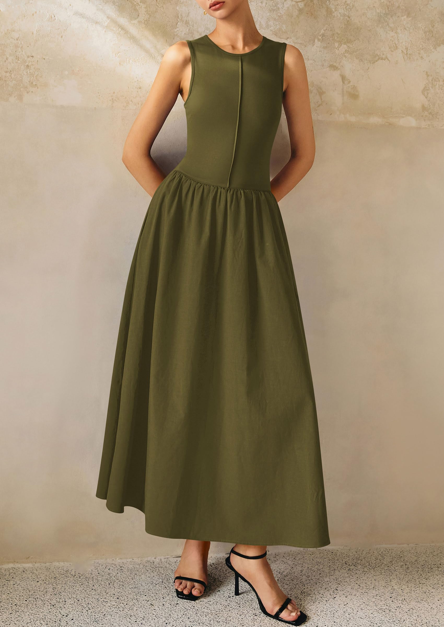 PRETTYGARDEN Women Maxi Dresses Casual Sleeveless Patchwork Knit Tank Dress Flowy Beach Sundress Long Dress