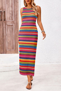 Womens Summer Sleeveless Tank Dress Crew Neck Striped Side Slit Bodycon Casual Maxi Dresses