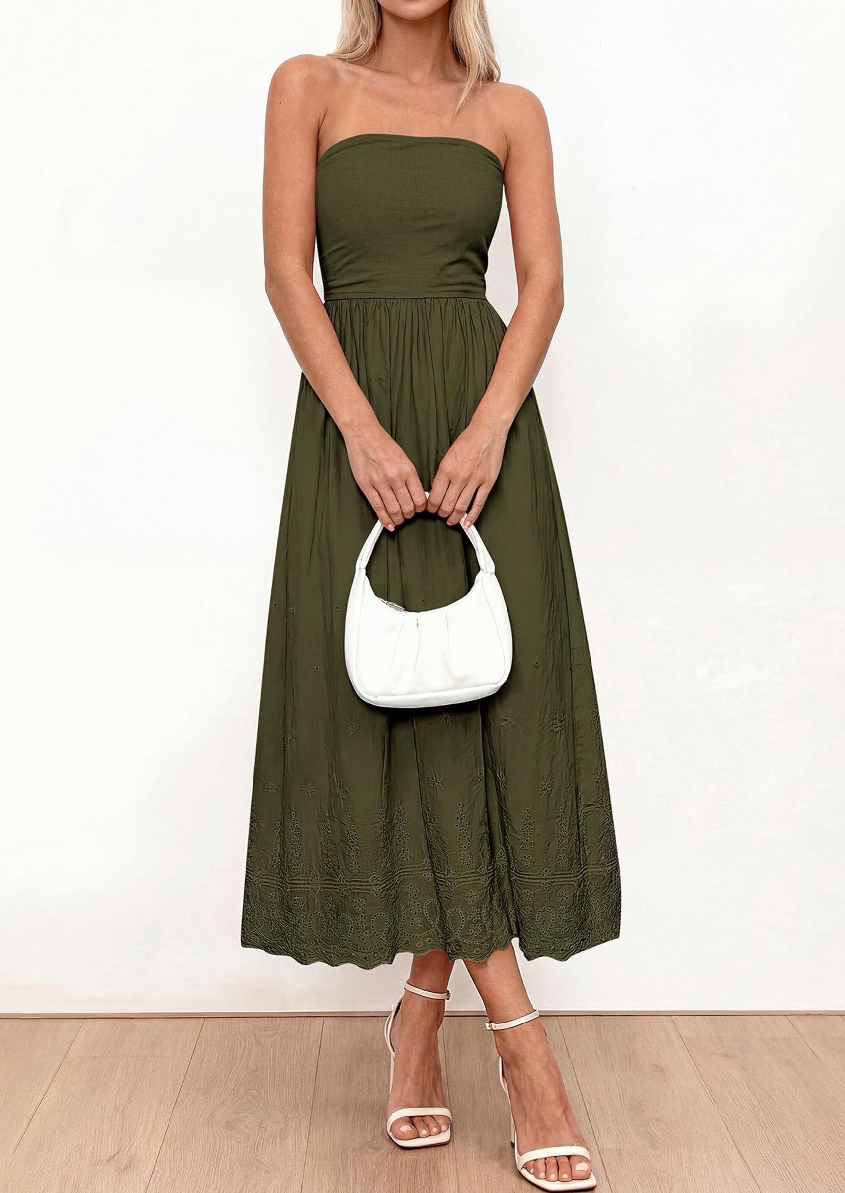 PRETTYGARDEN Womens Summer Dresses Sexy Sleeveless Tube Top Long Dress Eyelet Cotton Maxi Beach Sundress Pockets