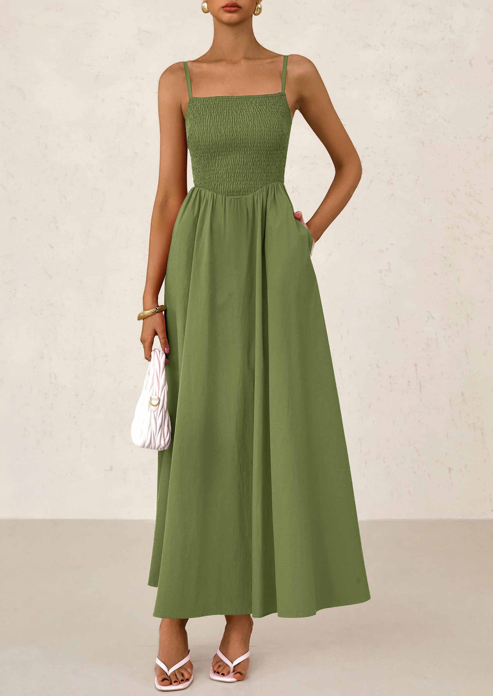 PRETTYGARDEN Women's Smocked Maxi Dresses Beach Sundress Casual Spaghetti Strap Swing A Line Long Flowy Dress