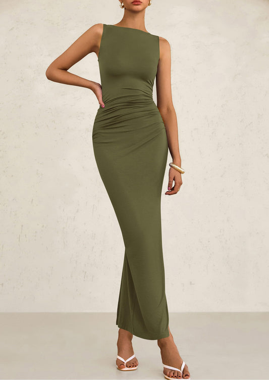 Women's 2025 Summer Semi Formal Midi Dresses Sleeveless Ruched Bodycon Slit Long Elegant Cocktail Party Dress