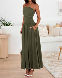 BTFBM Summer Maxi Dresses for Women Strapless Ruched Tube Top Beach Vacation Spring Wedding Guest Dress Pockets PRETTYGARDEN