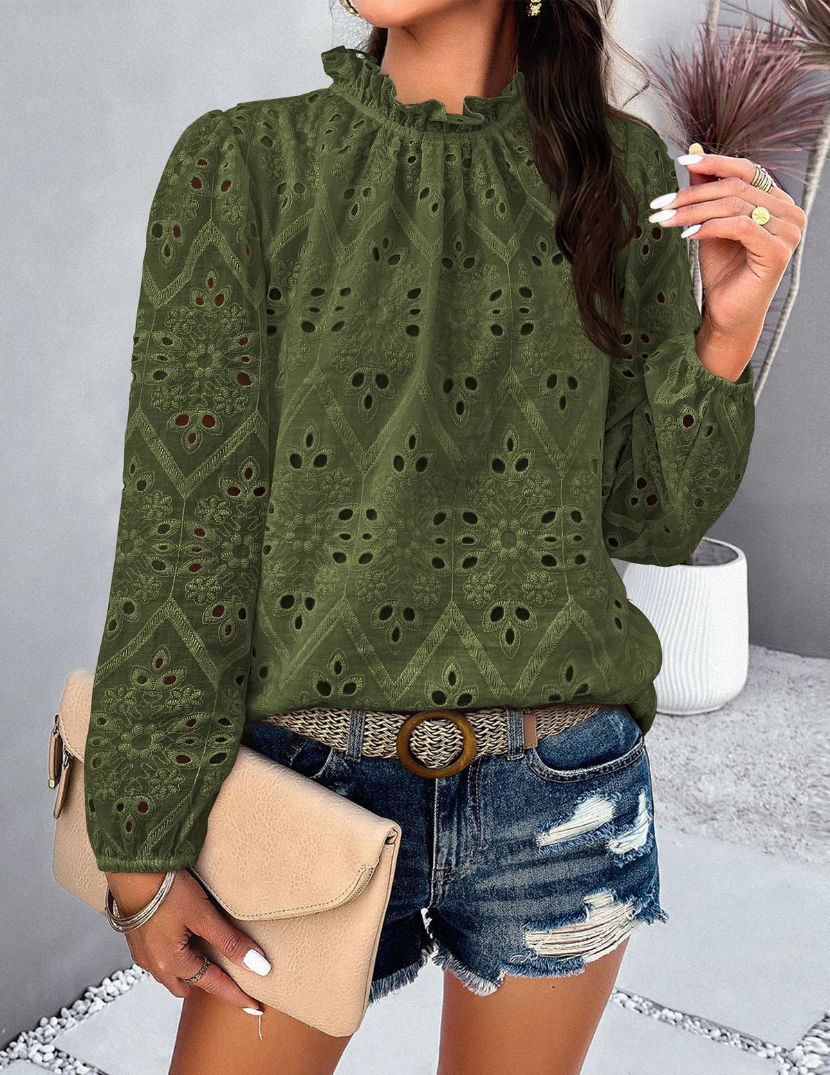 Womens Blouses Dressy Casual Embroidered Long Puff Sleeve Shirts Ruffle Eyelet Lace Top Fall Clothes