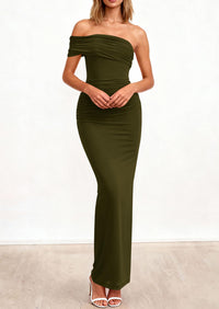 PRETTYGARDEN Women's Wedding Guest Cocktail Dresses One Off The Shoulder Ruched Bodycon Formal Maxi Party Summer Outfits PRETTYGARDEN