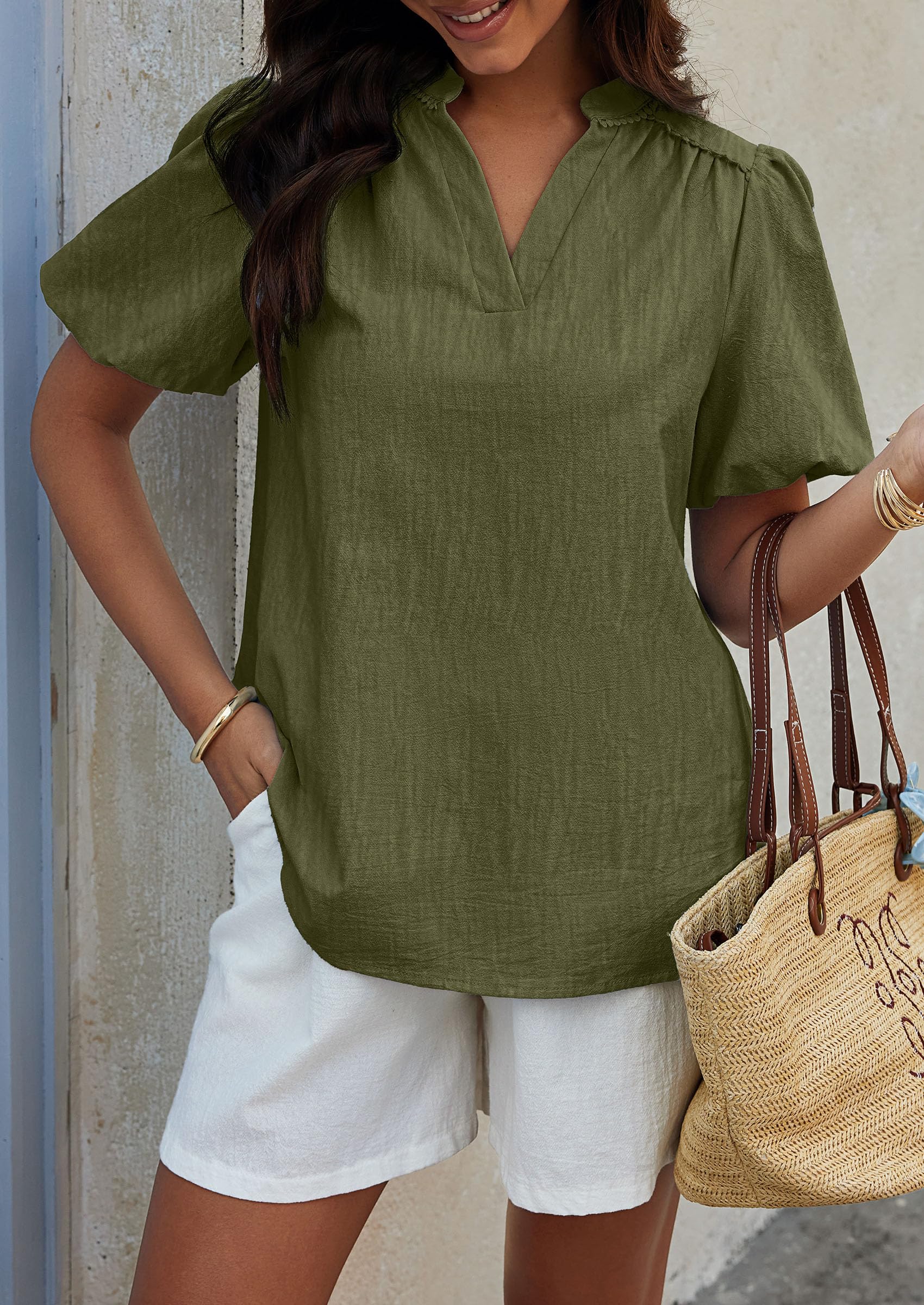 PRETTYGARDEN Womens Casual Summer Tops V Neck Short Puff Sleeve Pleated Cotton T Shirts Loose Dressy Blouses