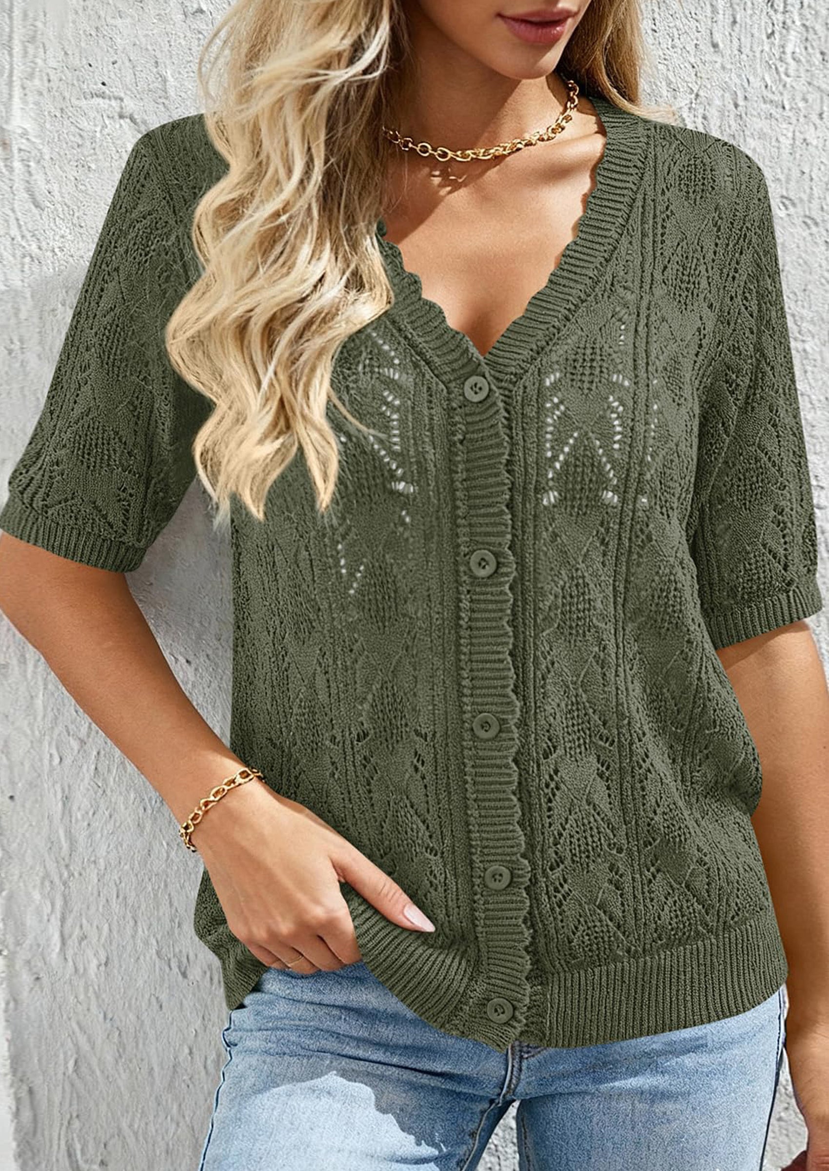 PRETTYGARDEN Short Sleeve Crochet Knit Summer Cardigans for Women Lightweight Button Down Hollow Out Sweater Beach Cover Up PRETTYGARDEN
