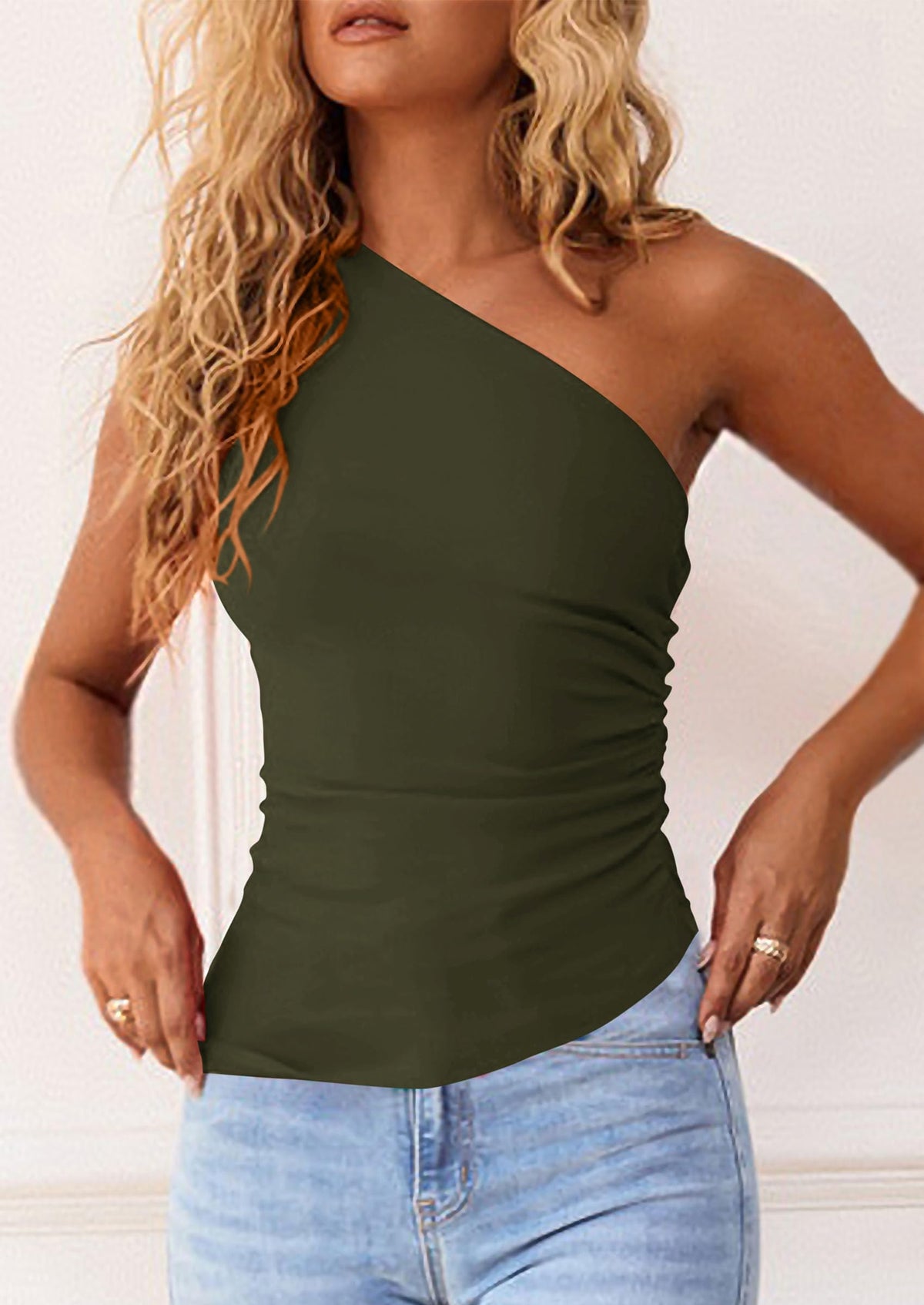 Womens 2025 Summer Y2K Tops Sleeveless One Shoulder Slim Fit Shirts Ruched Knit Asymmetrical Top Blouse