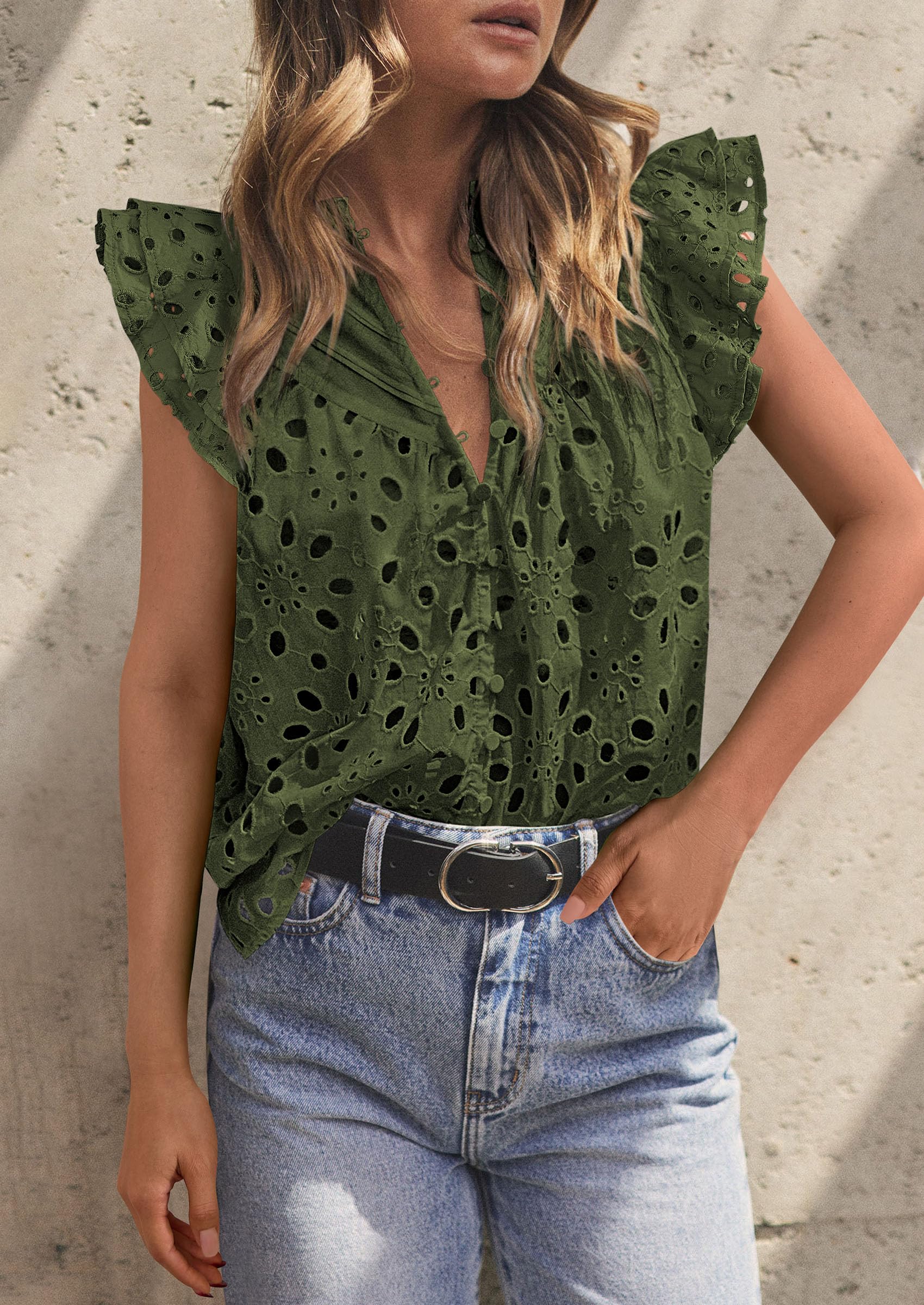 PRETTYGARDEN Womens Summer Tops 2025 Dressy Casual Ruffle Cap Sleeve Button V Neck Embroidered Eyelet Blouses Shirts