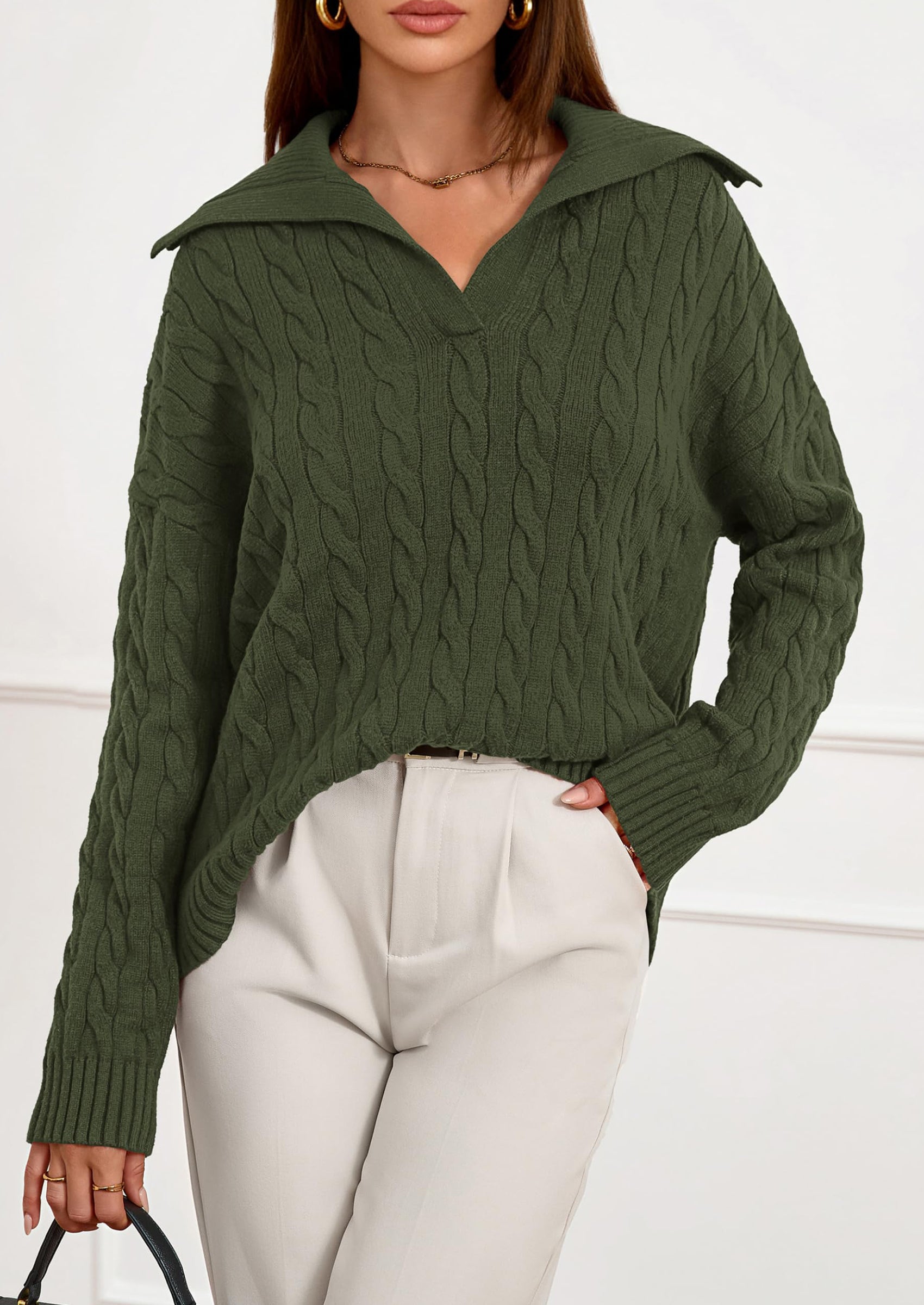 PRETTYGARDEN Fall Cable Knit Oversized Sweaters for Women Polo V Neck Long Sleeve Casual Chunky Sweater Pullover Tops PRETTYGARDEN