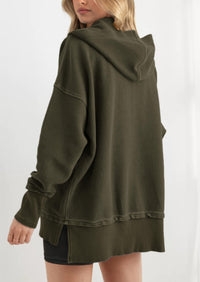 PRETTYGARDEN Womens Fashion Oversized Long Sleeve Hoodie Button Down V Neck Sweatshirt Side Slit Casual Pullover Tops