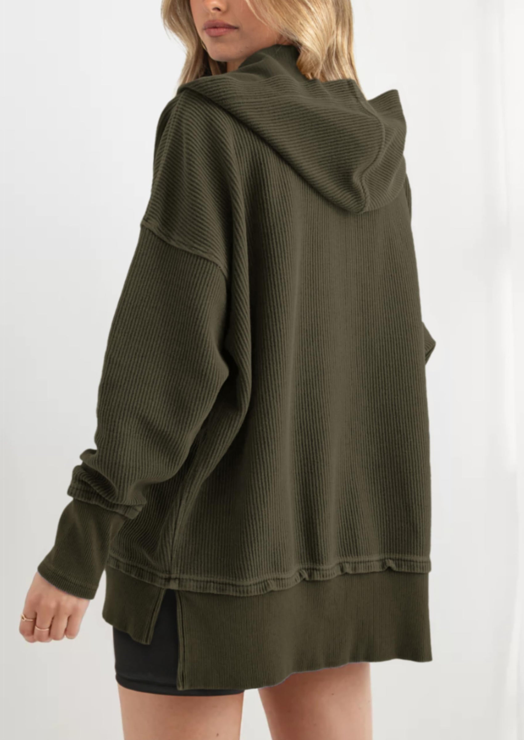 PRETTYGARDEN Womens Fashion Oversized Long Sleeve Hoodie Button Down V Neck Sweatshirt Side Slit Casual Pullover Tops