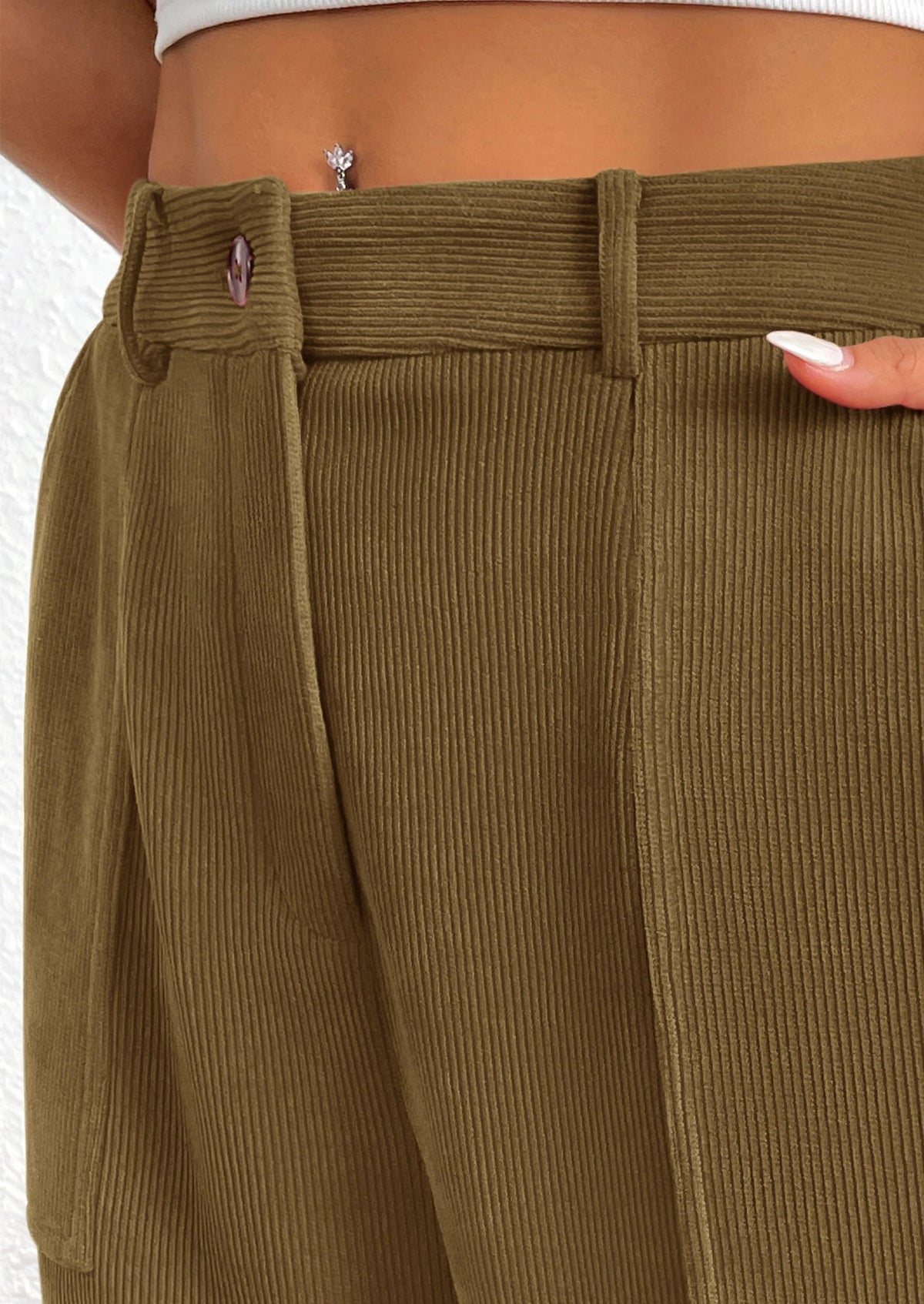 Women's Dressy Casual Pants Elastic High Waisted Work Office Corduroy Trouser Slacks with Pockets