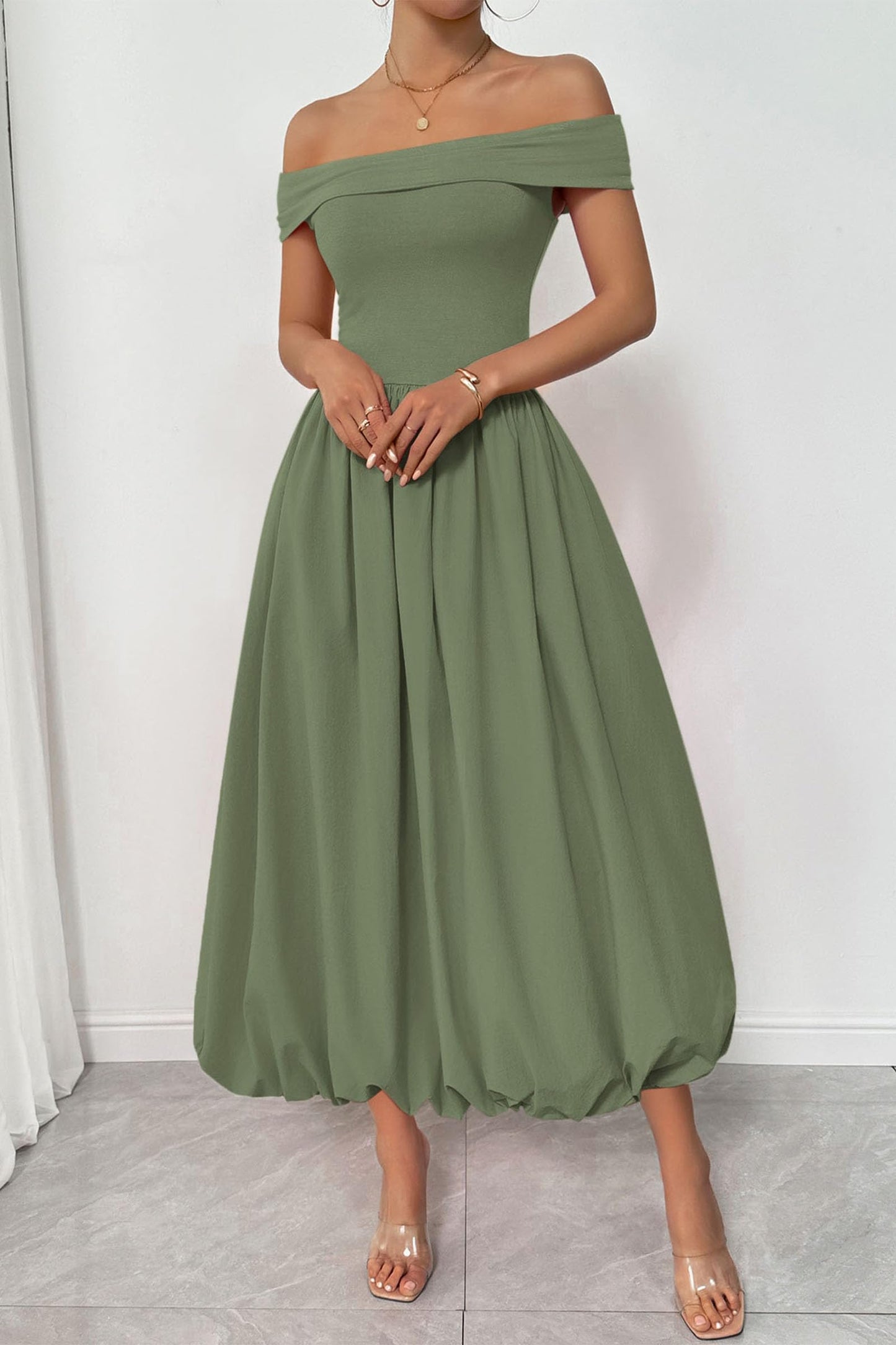 Womens Summer Off Shoulder Sleeveless Midi Dress Cocktail A Line Flowy Wedding Guest Dresses with Pockets