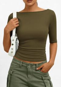 PRETTYGARDEN Womens Summer Short Sleeve Tops Boat Neck Ribbed Knit Slim Fit T Shirt Casual Basic Top Spring Clothes PRETTYGARDEN