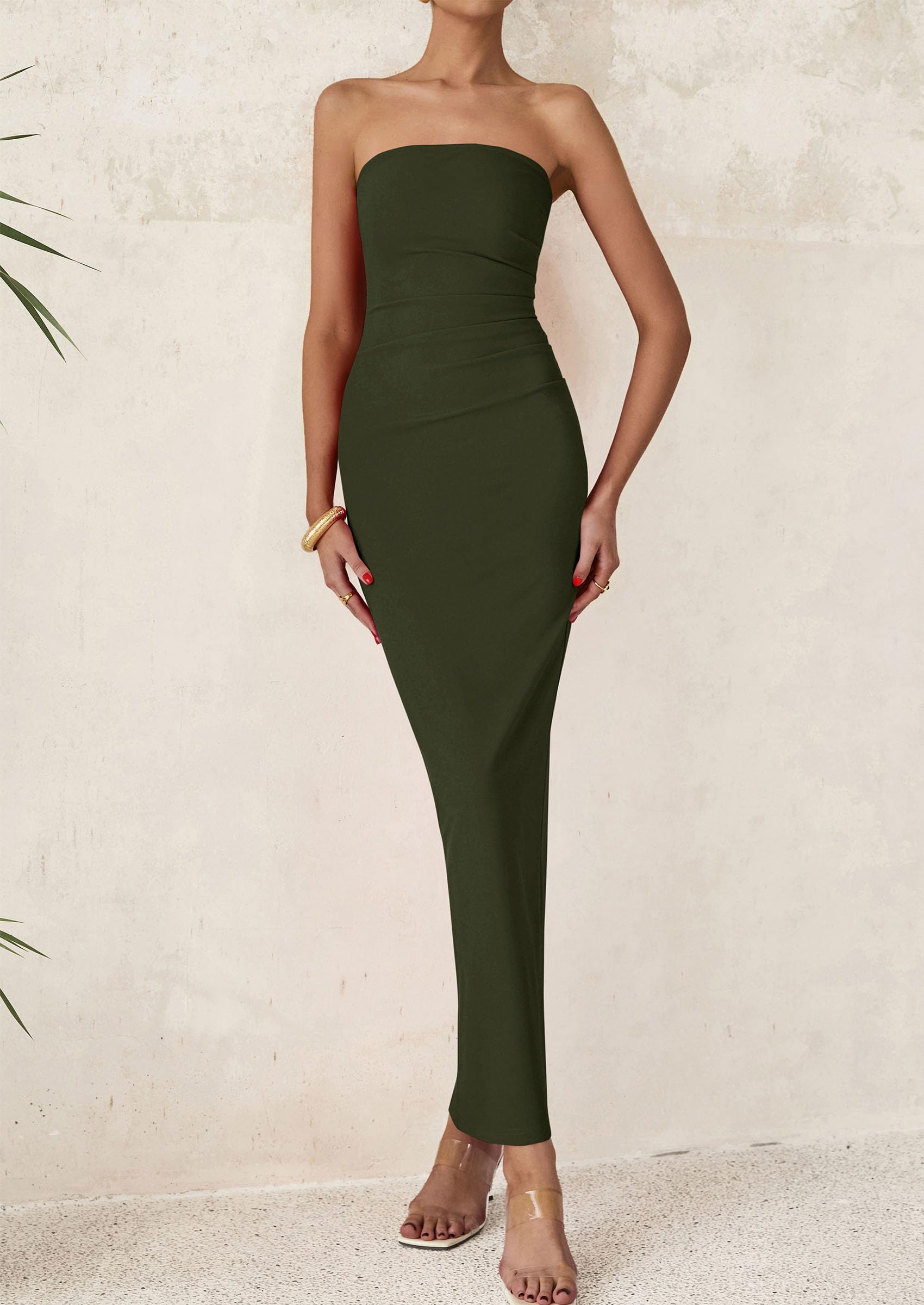 PRETTYGARDEN Women's Semi Formal Cocktail Dresses Strapless Tube Bodycon Ruched Evening Wedding Guest Maxi Dress